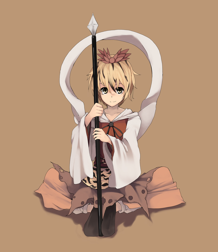 mieharu, toramaru shou, touhou, 1girl, blonde hair, brown background, female focus, full body, polearm, short hair, simple background, sitting, solo, spear, weapon, yellow eyes