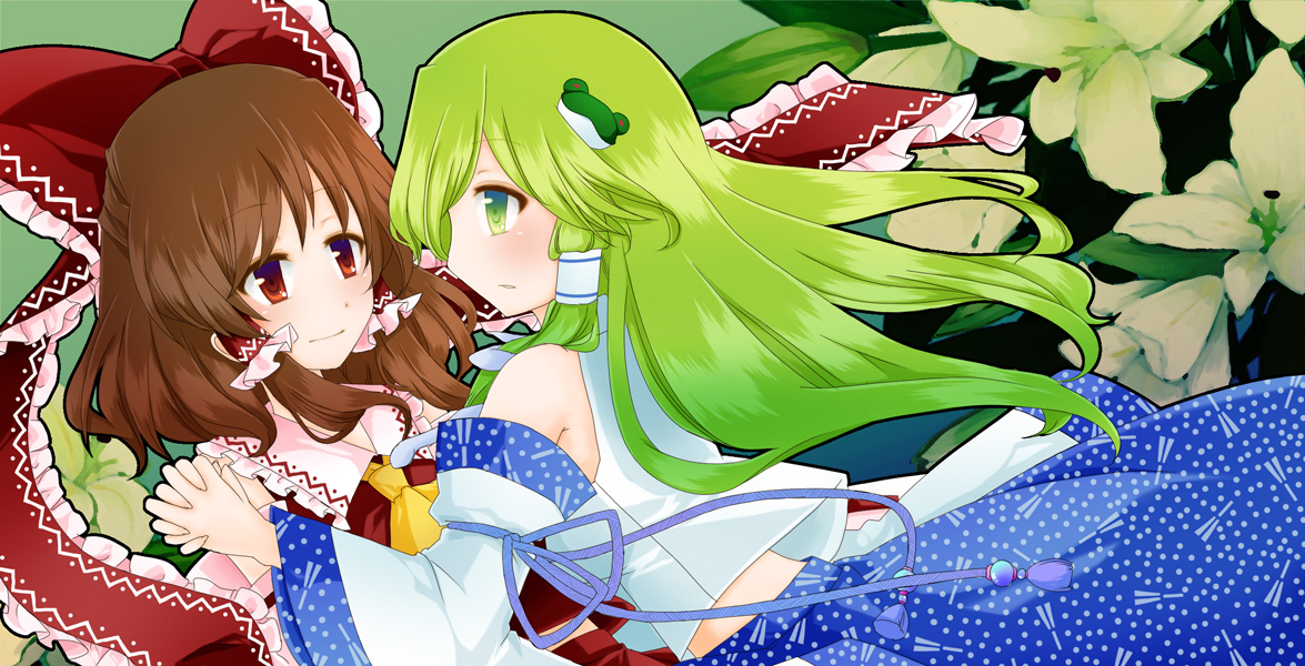 nishino miyuki, hakurei reimu, kochiya sanae, touhou, bad id, bad pixiv id, 2girls, blouse, bow, brown hair, detached sleeves, female focus, flower, frog, green eyes, green hair, hair ornament, half updo, holding hands, interlocked fingers, japanese clothes, lily (flower), long hair, miko, multiple girls, red eyes, red shirt, shirt, short hair, white shirt