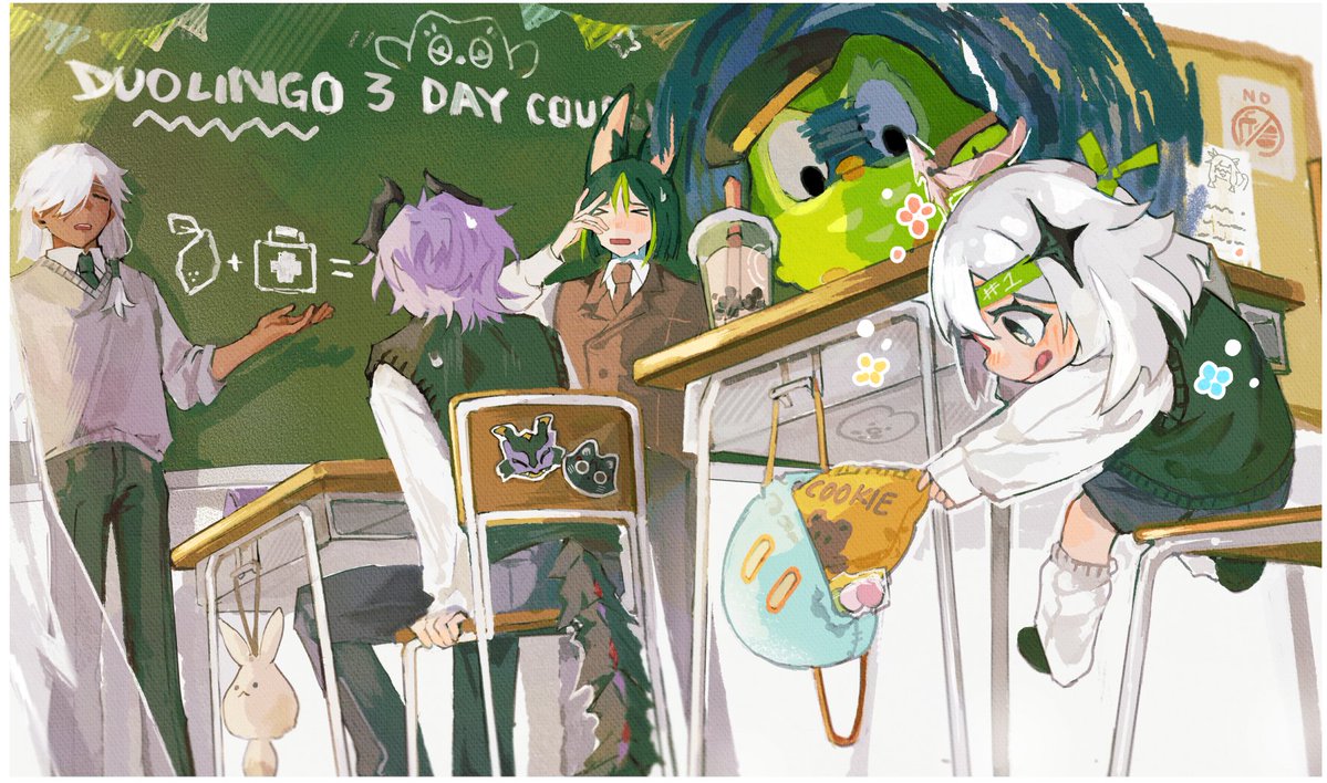 eon / ieon, cyno (genshin impact), duo (duolingo), tighnari (genshin impact), duolingo, genshin impact, 1girl, 3boys, animal ear fluff, animal ears, bird, black gloves, black hair, closed mouth, cyno (duolingo) (genshin impact), dragon boy, dragon horns, fox boy, fox ears, fox tail, gloves, green eyes, green hair, horns, multiple boys, paimon (duolingo) (genshin impact), purple hair, tail, tighnari (duolingo) (genshin impact), white hair