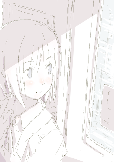 katakuri, original, 1girl, blue eyes, blush, female focus, monochrome, oekaki, pale color, partially colored, school uniform, short hair, smile, solo, spot color, window