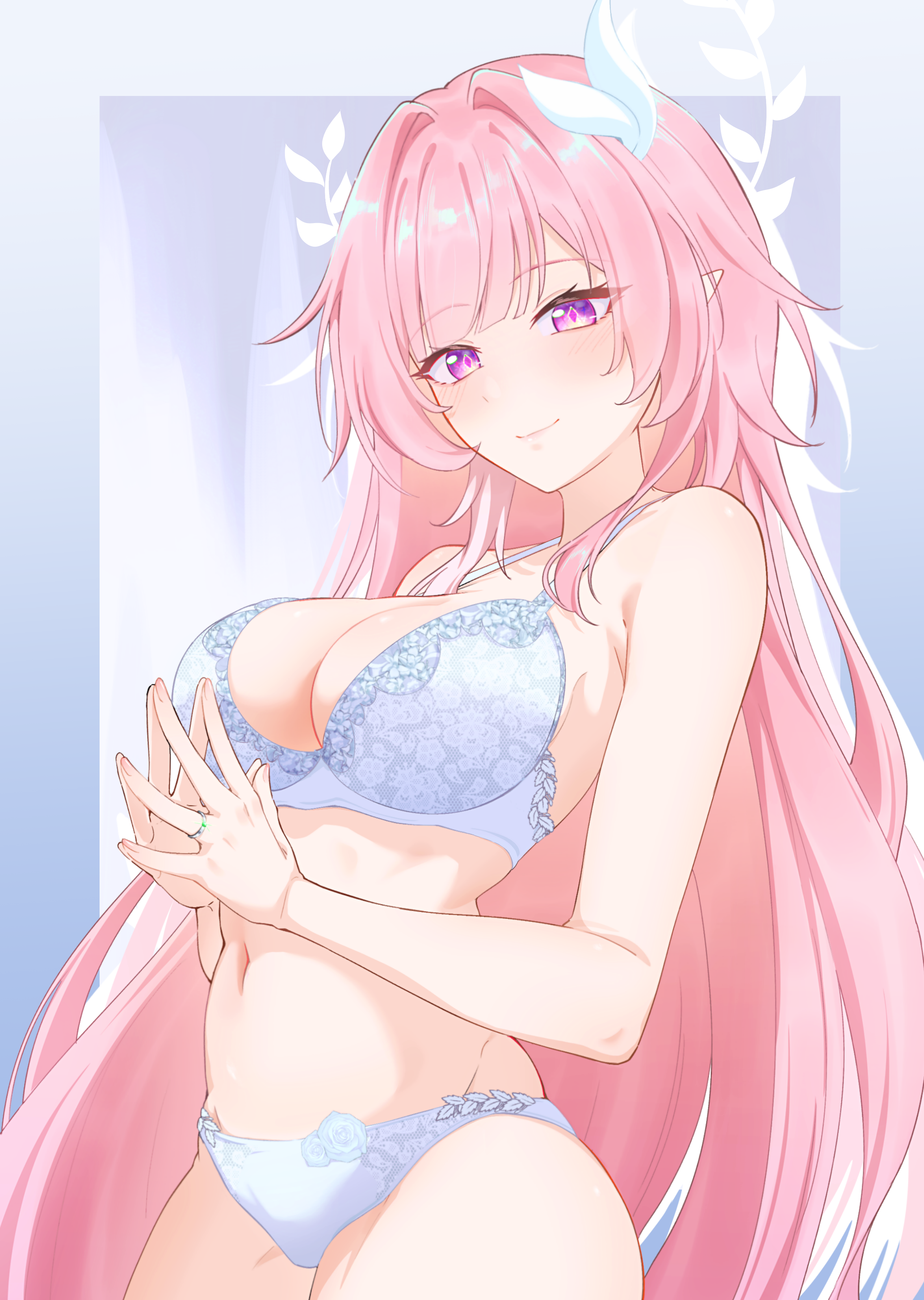 iicecall, cyrene (honkai: star rail), honkai: star rail, honkai (series), absurdres, commentary, highres, 1girl, bare shoulders, bra, breasts, cleavage, closed mouth, cowboy shot, cyrene (demiurge) (honkai: star rail), diamond-shaped pupils, diamond (shape), large breasts, long hair, looking at viewer, navel, panties, pink hair, pointy ears, purple eyes, sidelocks, smile, solo, steepled fingers, stomach, symbol-shaped pupils, underwear, underwear only, very long hair, white bra, white panties