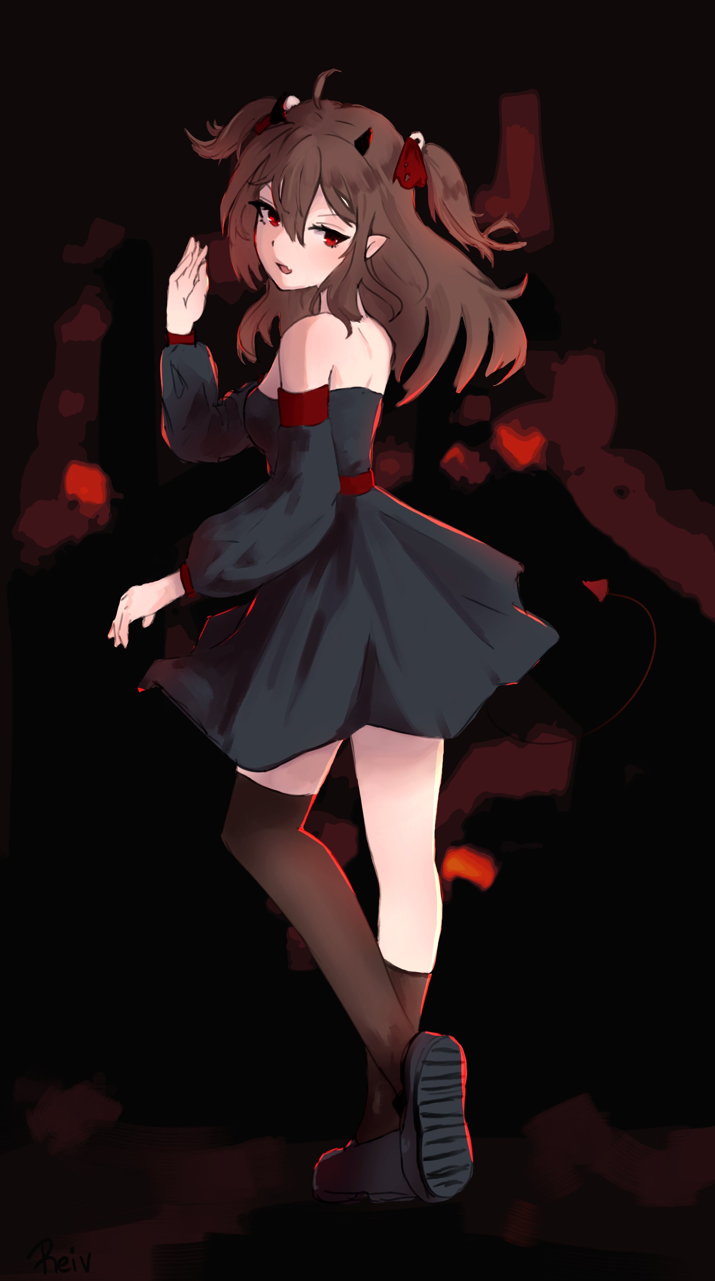 evil neuro-sama, neuro-sama, absurdres, highres, ahoge, alternate costume, asymmetrical legwear, black background, black dress, black shoes, black thighhighs, brown hair, demon horns, demon tail, double-parted bangs, dress, fang, from behind, full body, hair between eyes, hair ribbon, hand up, heart, heel up, horns, long hair, long sleeves, looking back, off-shoulder dress, off shoulder, puffy long sleeves, puffy sleeves, red background, red eyes, red ribbon, reivooon, ribbon, shoes, short dress, shoulder blades, skin fang, tail, thighhighs, torn ribbon, two side up, v-shaped eyebrows, vedal ai, virtual youtuber