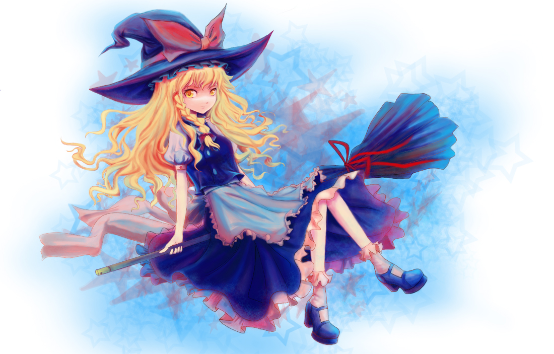 mg42cat-k1ng, kirisame marisa, touhou, bad id, bad pixiv id, 1girl, blonde hair, bow, braid, broom, broom riding, female focus, hat, hat bow, long hair, solo, star (symbol), wavy hair, witch, witch hat, yellow eyes