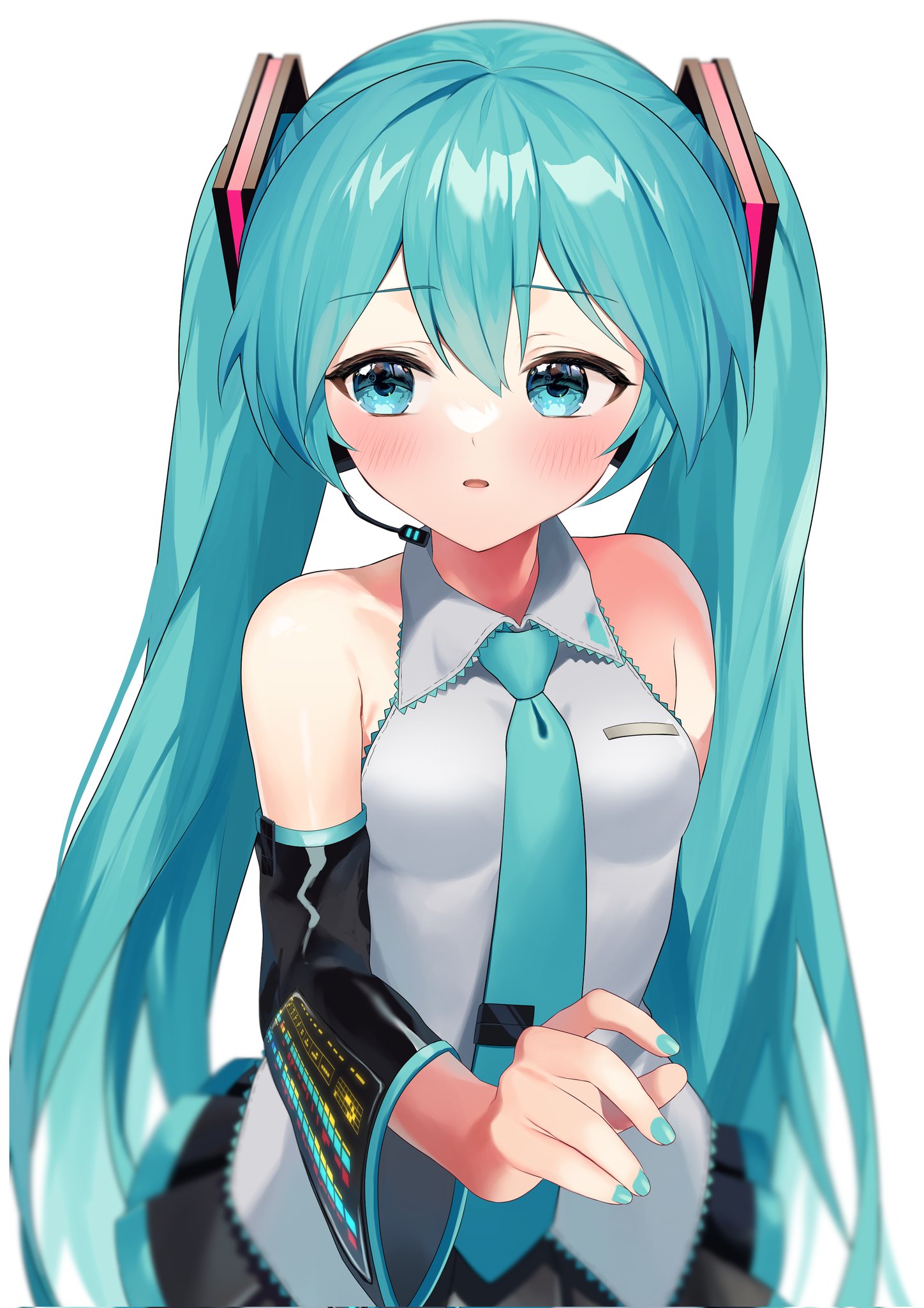 niwa (niwaniwa 1227), hatsune miku, vocaloid, commentary request, highres, 1girl, aqua eyes, aqua hair, aqua nails, aqua necktie, aqua trim, arm behind back, black skirt, black sleeves, blush, breasts, collarbone, collared shirt, grey shirt, hair between eyes, headset, long hair, medium breasts, miniskirt, necktie, open mouth, pleated skirt, shirt, simple background, skirt, sleeveless, sleeveless shirt, smile, solo, very long hair, white background