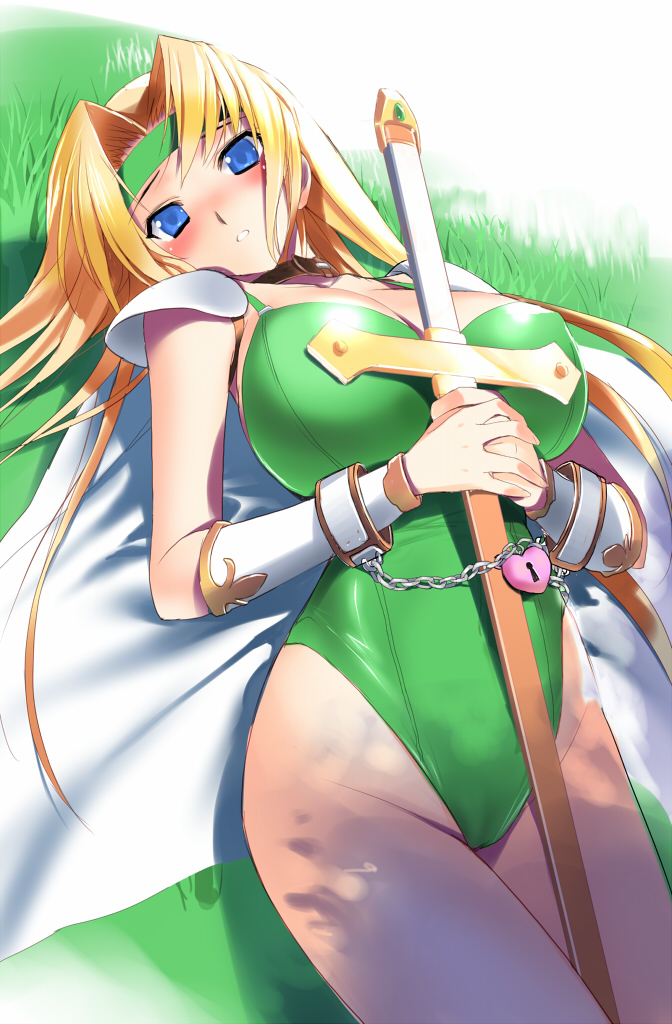 hima, celes chere, final fantasy, final fantasy vi, 1990s (style), 1girl, bdsm, blonde hair, blue eyes, blush, bondage, bound, breasts, cape, chain, collar, cuffs, female focus, grass, handcuffs, headband, heart, heart-shaped lock, huge breasts, large breasts, leotard, lock, long hair, lying, on back, padlock, retro artstyle, shoulder pads, slave, solo, sword, weapon