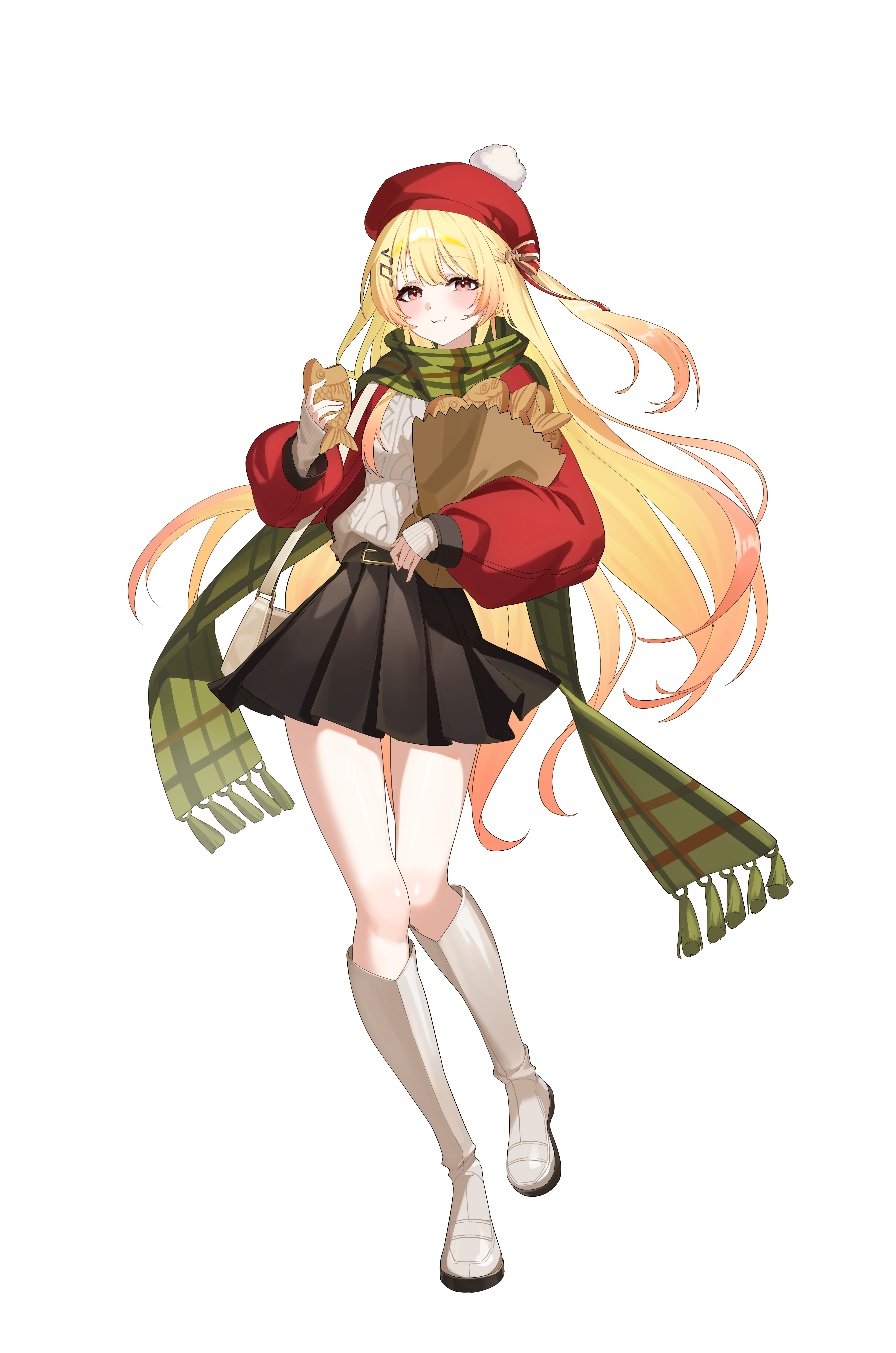 otonose kanade, hololive, hololive dev is, absurdres, commentary request, highres, 1girl, ahoge, aran sweater, bag, beret, black skirt, blonde hair, boots, brown eyes, cable knit, closed mouth, double-parted bangs, eating, food, fortissimo, gradient hair, green scarf, hair between eyes, hair ornament, hair ribbon, hairclip, hat, holding, holding bag, holding food, jacket, knee boots, long hair, long sidelocks, looking at viewer, miniskirt, multicolored hair, musical note, musical note hair ornament, mypace0079, one side up, orange hair, paper bag, plaid clothes, plaid scarf, pleated skirt, pom pom (clothes), red hat, red jacket, red ribbon, ribbon, scarf, sidelocks, simple background, skirt, solo, sweater, sweater tucked in, taiyaki, very long hair, virtual youtuber, wagashi, white background, white boots, white sweater