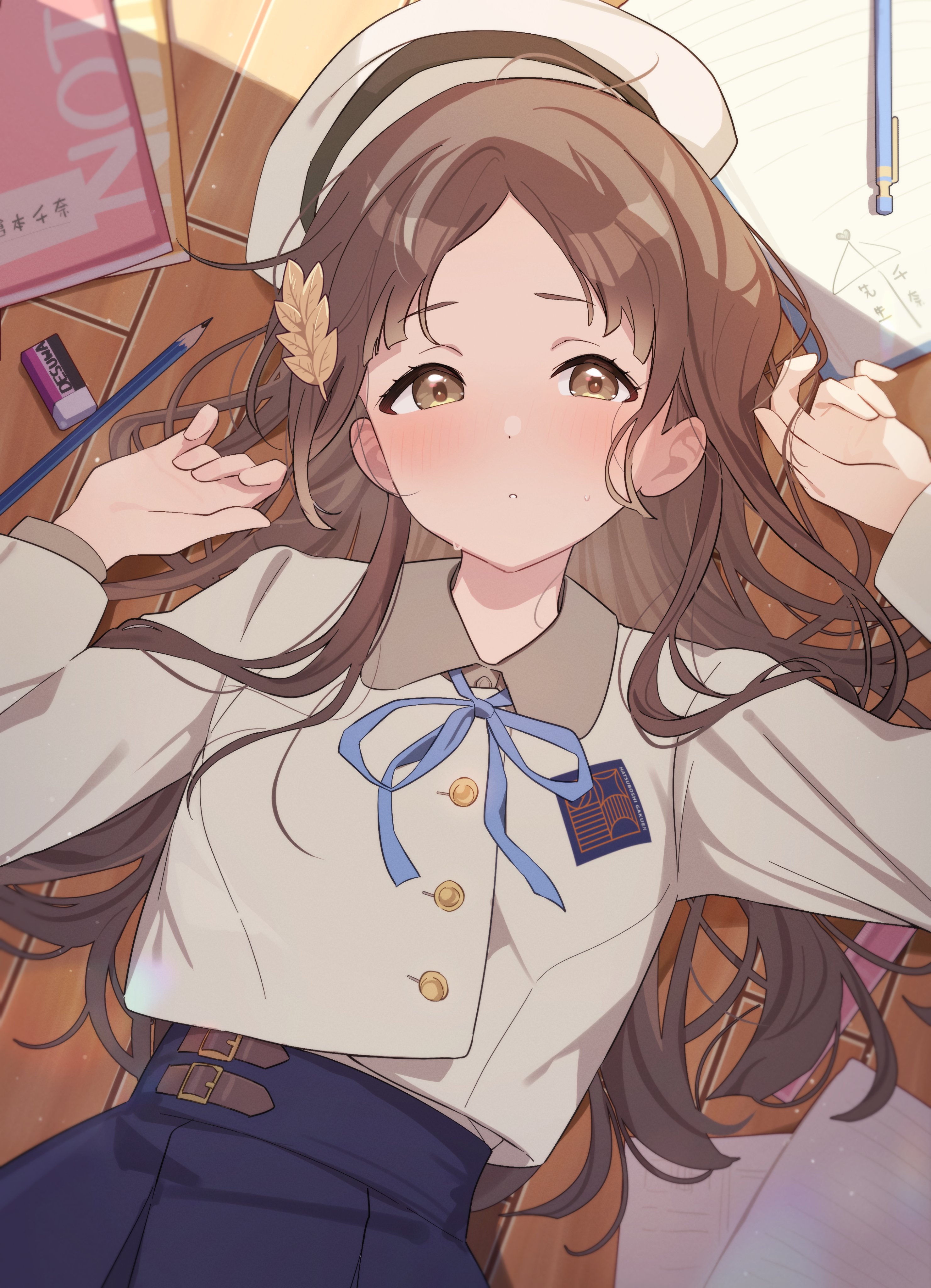 kirizuki reika, kuramoto china, gakuen idolmaster, idolmaster, absurdres, commentary request, highres, 1girl, beret, blue ribbon, blue skirt, blush, book, brown eyes, brown hair, eraser, hair ornament, hat, hatsuboshi gakuen school uniform, jacket, leaf hair ornament, long hair, long sleeves, looking at viewer, lying, mechanical pencil, neck ribbon, notebook, on back, on floor, pencil, pleated skirt, ribbon, school uniform, skirt, solo, white hat, white jacket, wooden floor