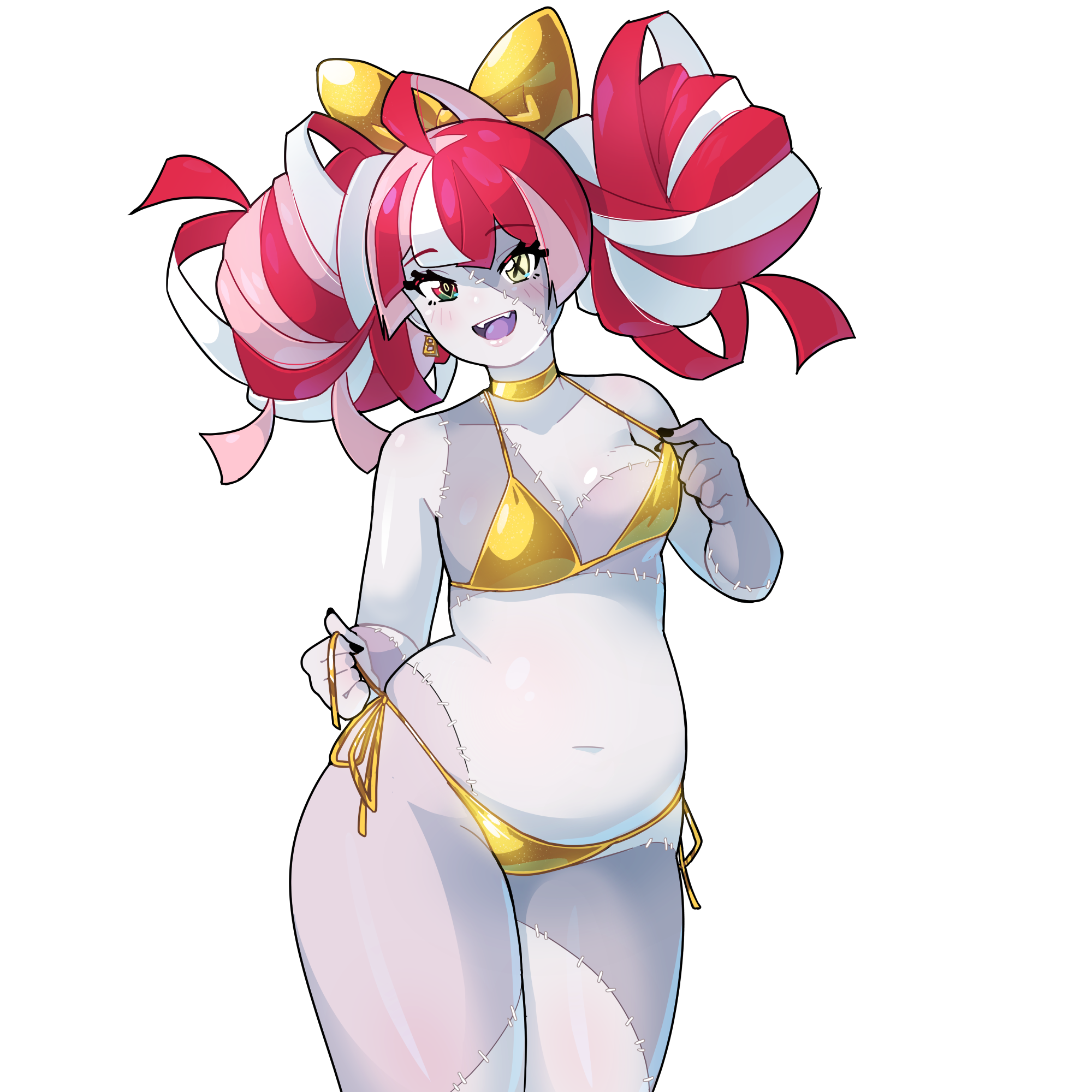 morningpanda, kureiji ollie, hololive, hololive indonesia, alpha transparency, commentary, english commentary, highres, 1girl, bare shoulders, bikini, black nails, blush, bow, collarbone, colored skin, cowboy shot, diamond-shaped pupils, diamond (shape), double bun, earrings, fangs, gradient eyes, grey skin, hair bun, jewelry, looking at viewer, multicolored eyes, multicolored hair, navel, open mouth, plump, red hair, solo, stitched arm, stitched face, stitched groin, stitched leg, stitched torso, stitches, string bikini, swimsuit, symbol-shaped pupils, teeth, thick thighs, thighs, transparent background, upper teeth only, virtual youtuber, white hair, x-shaped pupils, yellow bikini, yellow bow, yellow collar, zombie