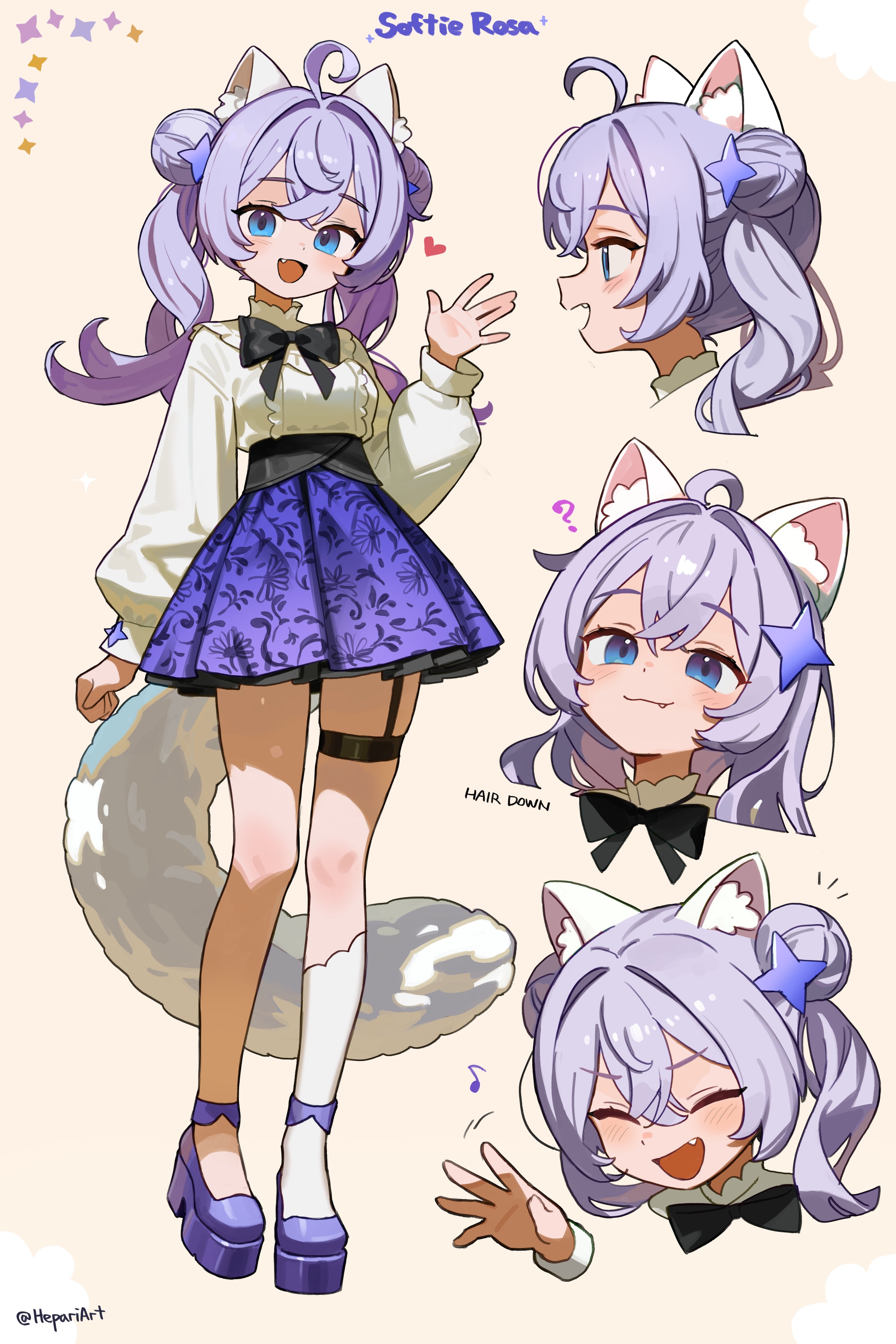 hepari, original, absurdres, commentary, english commentary, highres, 1girl, :3, :d, ?, ahoge, animal ear fluff, animal ears, black bow, black bowtie, blue eyes, blush, bow, bowtie, cat ears, cat girl, cat tail, closed mouth, cropped shoulders, double-parted bangs, double bun, fang, fang out, full body, hair bun, hair intakes, hair ornament, hand up, kneehighs, long hair, long sleeves, looking at viewer, multiple views, notice lines, open mouth, platform shoes, purple hair, purple shoes, purple skirt, shirt, shoes, sidelocks, simple background, single sock, skirt, smile, socks, standing, star (symbol), star hair ornament, tail, thigh strap, twintails, virtual youtuber, white shirt, white socks