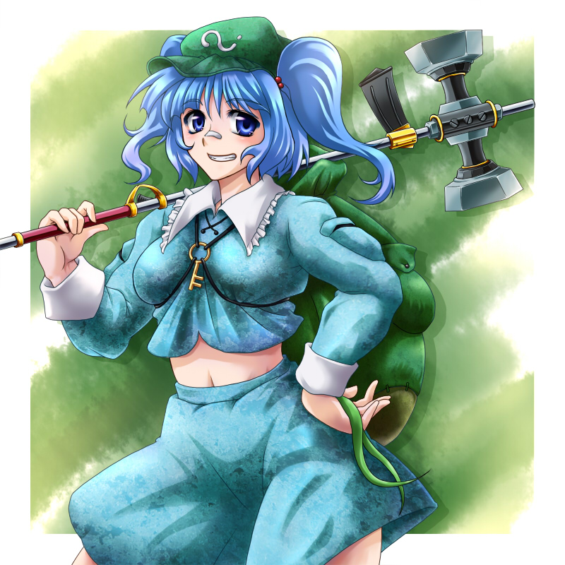 ootsuki wataru, kawashiro nitori, touhou, bad id, bad pixiv id, 1girl, backpack, bag, bandaid, blue eyes, blue hair, breasts, female focus, hair bobbles, hair ornament, hammer, hat, key, large breasts, matching hair/eyes, midriff, randoseru, short hair, solo, twintails, two side up
