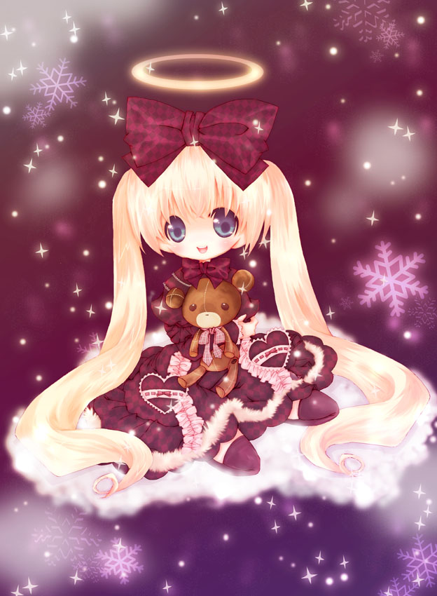 keimari, blonde hair, blue eyes, bow, dress, hair bow, long hair, snowflakes, solo, stuffed animal, stuffed toy, teddy bear, thighhighs, twintails