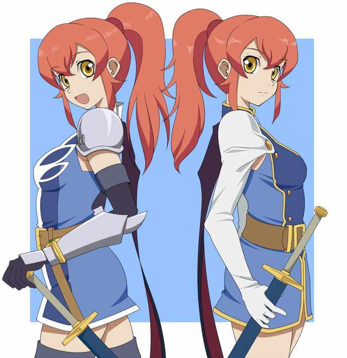 mikeneko (stray-sheep), chastel aiheap, hisca aiheap, tales of (series), tales of vesperia, tales of vesperia: the first strike, 00s, 2girls, armor, belt, gloves, military, military uniform, multiple girls, ponytail, red hair, sheath, sheathed, siblings, sisters, smile, sword, thighhighs, twins, weapon, yellow eyes