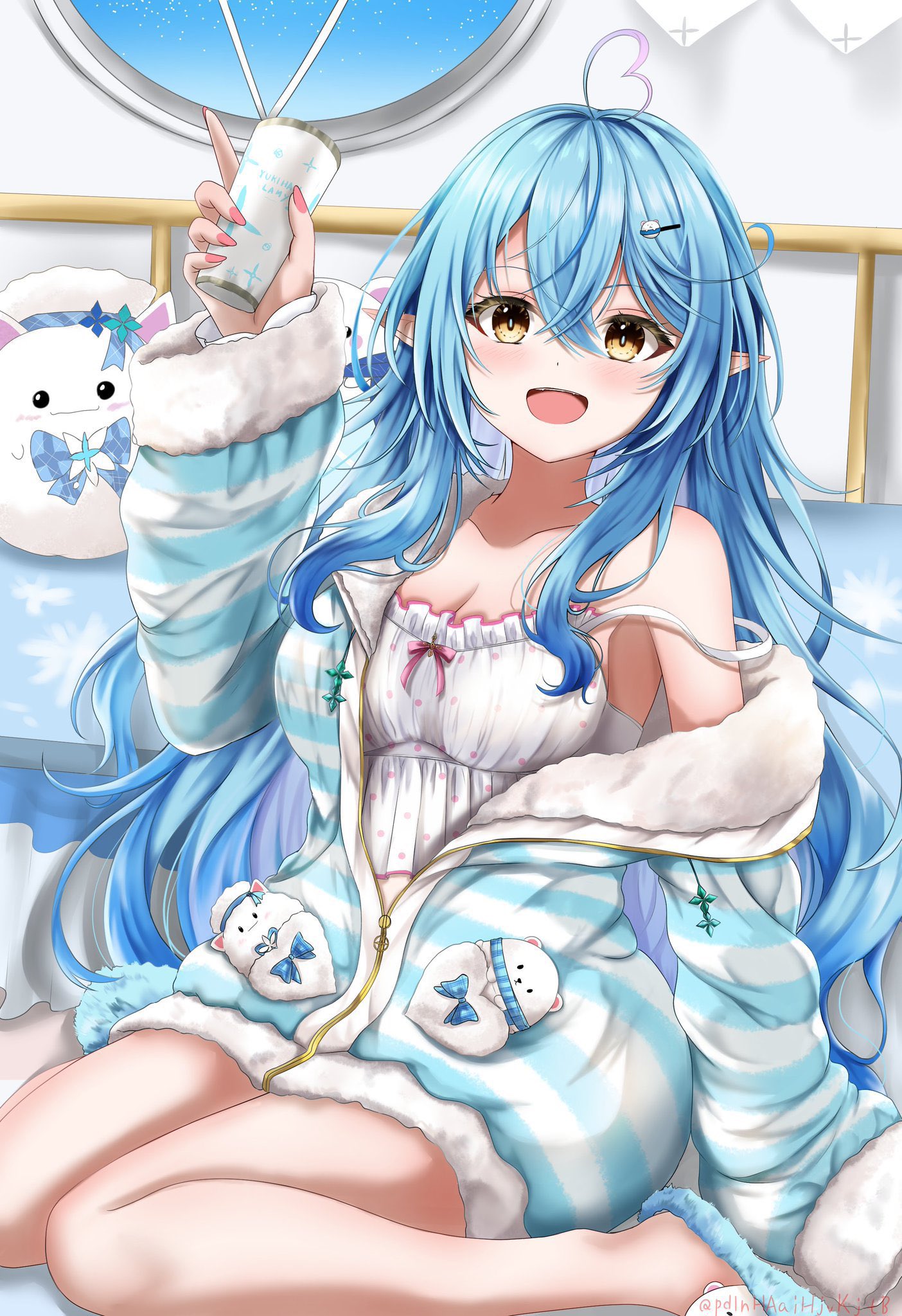 taichi8882, yukihana lamy, yukihana lamy (roomwear), yukimin (yukihana lamy), hololive, commentary request, highres, 1girl, ahoge, aqua jacket, bare shoulders, blue hair, blush, breasts, camisole, cleavage, collarbone, elf, fur-trimmed jacket, fur-trimmed sleeves, fur trim, hair between eyes, hair ornament, heart, heart ahoge, holding, indoors, jacket, large breasts, long hair, midriff, navel, official alternate costume, official alternate hair length, official alternate hairstyle, parted lips, pink nails, pointy ears, polka dot, polka dot camisole, polka dot skirt, sitting, skirt, sleepwear, solo, very long hair, virtual youtuber, wariza, white camisole, white skirt, yellow eyes
