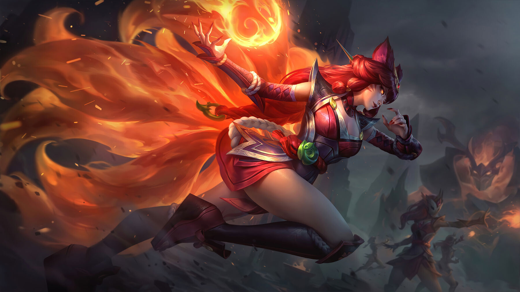 jeremy chong, ahri (league of legends), foxfire ahri, league of legends, commentary, english commentary, highres, official art, 1girl, animal ears, ashes, battle, black socks, braid, braided ponytail, breasts, facial mark, fiery tail, fingernails, fire, fox ears, fox girl, fox tail, glowing, glowing eyes, hair ornament, kitsune, knee pads, long fingernails, looking ahead, medium breasts, multiple tails, official alternate costume, official alternate hair color, orb, outdoors, parted lips, people, red hair, red nails, red shoes, rope belt, shoes, socks, solo focus, tail, whisker markings, yellow eyes