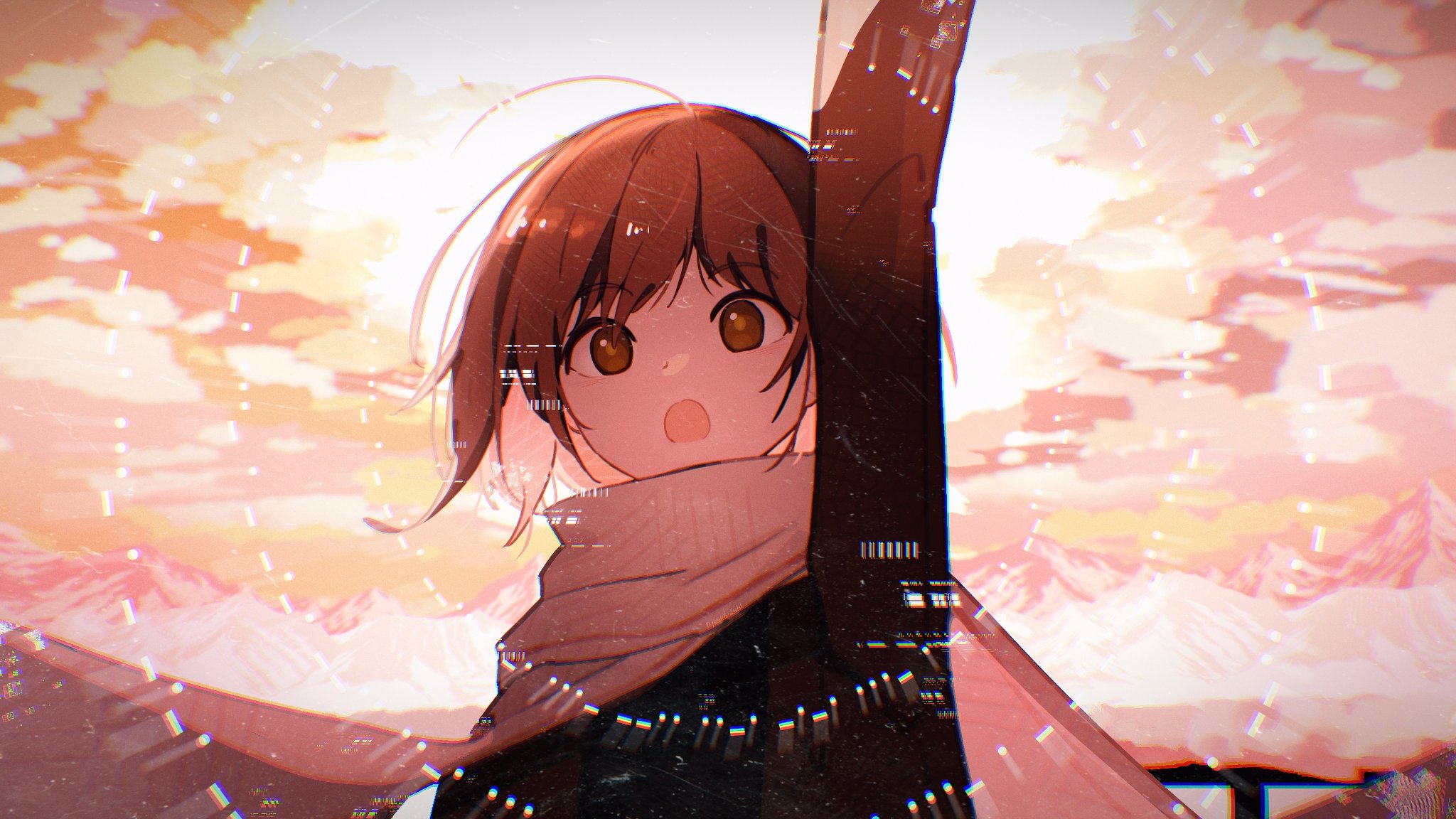 z.a.t.o. // i love the world and everything in it, commentary, english commentary, hashtag-only commentary, highres, 1girl, :o, arm up, asya shubina, brown coat, brown eyes, brown hair, cloud, cloudy sky, coat, looking at viewer, mountain, orange sky, pink scarf, portrait, pseudoc01or, scarf, sky, solo, yellow pupils
