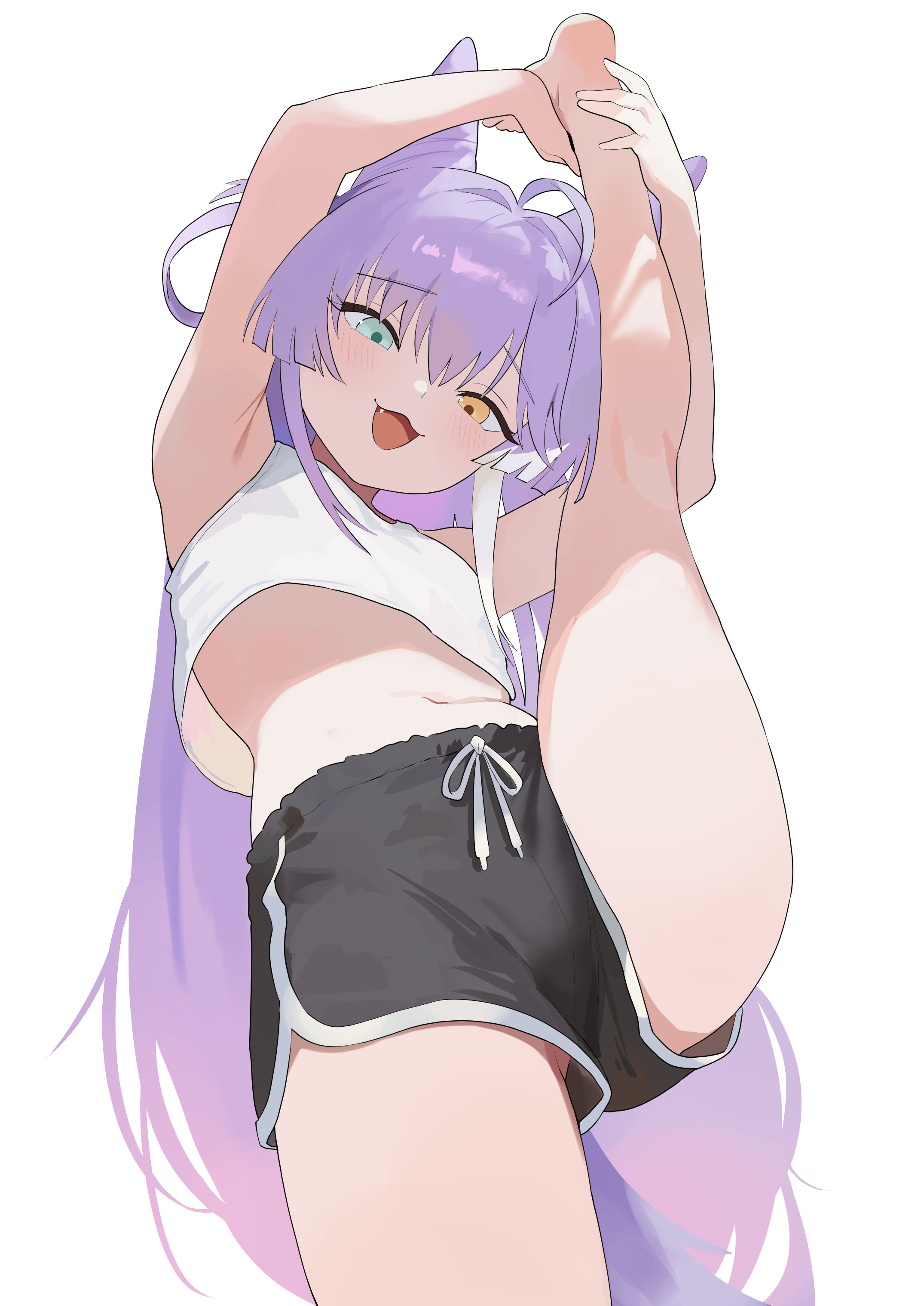 nbee ya, tenko shibuki, stellive, absurdres, commentary request, highres, korean commentary, 1girl, ahoge, armpits, arms up, bare arms, bare legs, bare shoulders, barefoot, black shorts, blue eyes, cone hair bun, crop top, crop top overhang, dolphin shorts, drawstring, fang, foot out of frame, from below, hair bun, heterochromia, leg lift, leg up, long hair, looking at viewer, midriff, navel, open mouth, purple hair, shirt, short shorts, shorts, simple background, sleeveless, sleeveless shirt, smile, solo, split, standing, standing on one leg, standing split, stomach, thighs, very long hair, virtual youtuber, white background, white shirt, yellow eyes