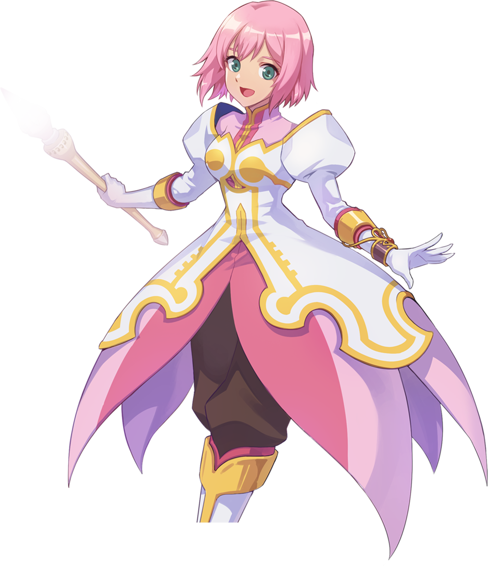 estellise sidos heurassein, nexon, tales of (series), tales of vesperia, tales weaver, alpha transparency, artist request, official art, second-party source, 1girl, baggy pants, boots, breasts, brown pants, collared dress, cowboy shot, dress, gloves, green eyes, high collar, holding, holding staff, juliet sleeves, knee boots, long sleeves, looking at viewer, medium breasts, medium dress, open mouth, pants, pink dress, pink hair, puffy sleeves, short hair, solo, staff, three-quarter sleeves, tongue, white boots, white dress, white gloves, white sleeves, wrist guards, yellow trim