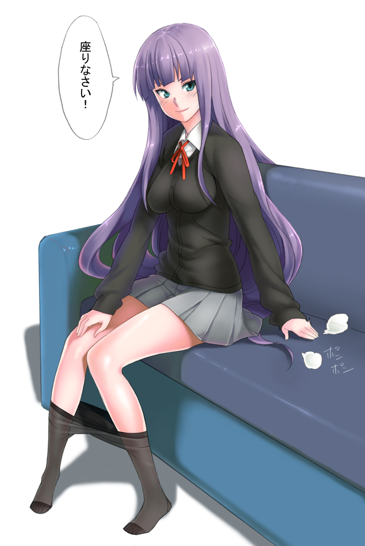 shin'ya (shin'yanchi), original, translated, 1girl, breasts, cardigan, clothes pull, come hither, couch, feet, female focus, green eyes, legs, long hair, miniskirt, pantyhose, pantyhose pull, pleated skirt, purple hair, sitting, skirt, solo, white background