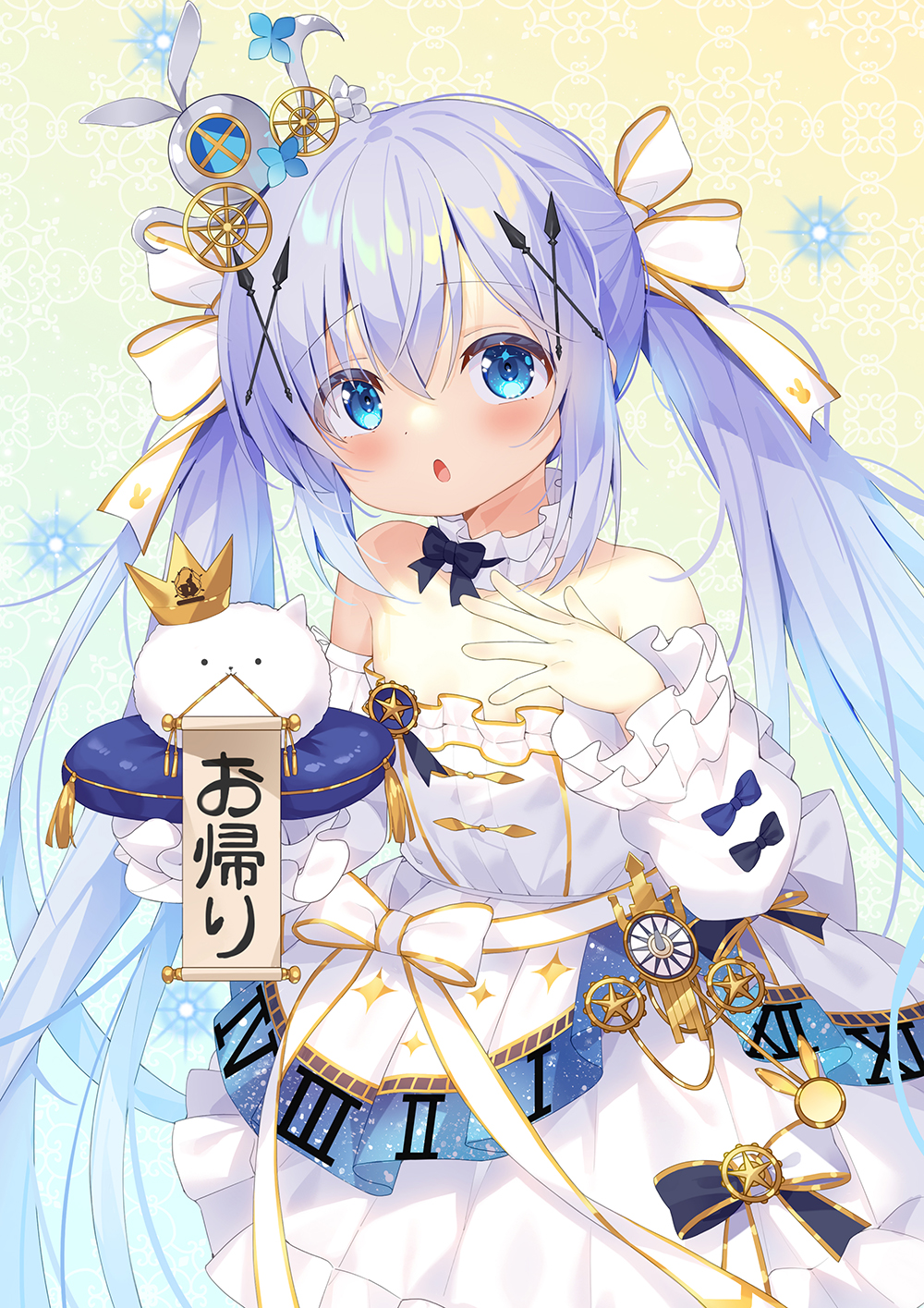 taku michi, kafuu chino, tippy (gochiusa), gochuumon wa usagi desu ka?, commentary request, highres, 1girl, :o, angora rabbit, bare shoulders, black bow, blue bow, blue eyes, blue hair, bow, bow choker, choker, crossed bangs, detached sleeves, dress, dress bow, flat chest, frilled choker, frills, hair between eyes, hair bow, hair ornament, holding, holding pillow, long hair, long sleeves, open mouth, pillow, rabbit, rabbit hair ornament, sidelocks, sleeve bow, solo, strapless, strapless dress, twintails, very long hair, white bow, white choker, white dress, white sleeves, x hair ornament