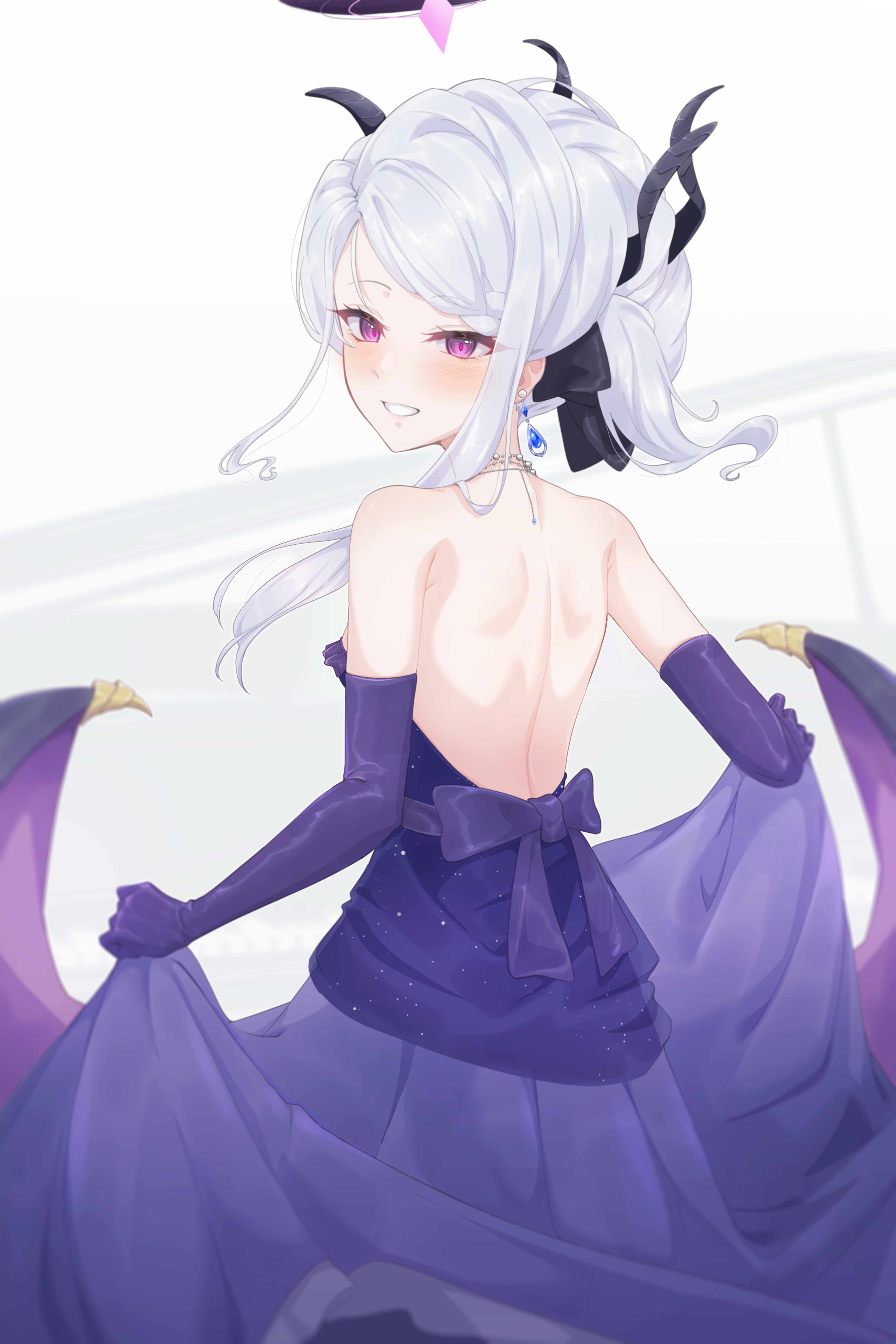 iicecall, hina (blue archive), hina (dress) (blue archive), blue archive, absurdres, commentary request, highres, 1girl, back, backless outfit, bare shoulders, black halo, blush, clothes lift, demon girl, demon horns, demon wings, dress, dress lift, earrings, elbow gloves, evening gown, gloves, halo, horns, jewelry, lifting own clothes, long hair, looking at viewer, looking back, official alternate costume, official alternate hairstyle, open mouth, purple dress, purple gloves, smile, solo, white background, white hair, wings