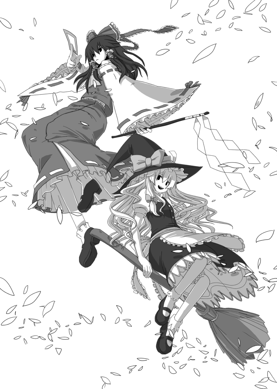 akka, hakurei reimu, kirisame marisa, touhou, bad id, bad pixiv id, highres, 2girls, broom, broom riding, cherry blossoms, detached sleeves, female focus, gohei, greyscale, hat, japanese clothes, miko, monochrome, multiple girls, ofuda, witch, witch hat