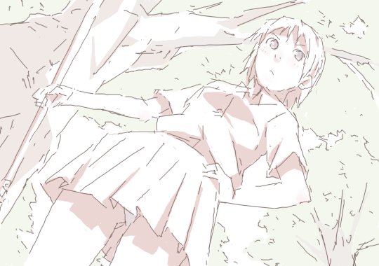 katakuri, original, bad id, bad pixiv id, 1girl, female focus, hand on own hip, hip focus, leaf, monochrome, oekaki, pale color, panties, partially colored, pleated skirt, school uniform, short hair, skirt, solo, tree, underwear