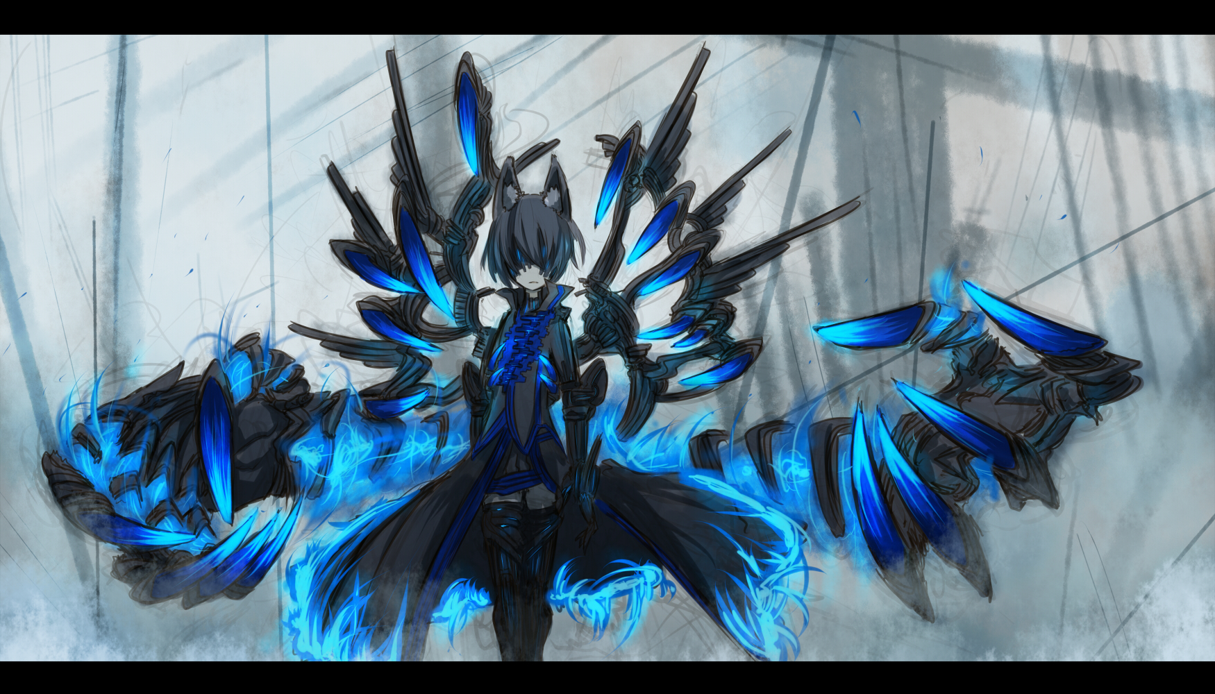 ganesagi, nanashi (ganesagi), nanashi (shirogane usagi), original, bad id, bad pixiv id, highres, 1girl, animal ears, blindfold, blue fire, female focus, fire, fox ears, glowing, hair over eyes, letterboxed, multiple tails, short hair, solo, tail, thighhighs, wings, zettai ryouiki