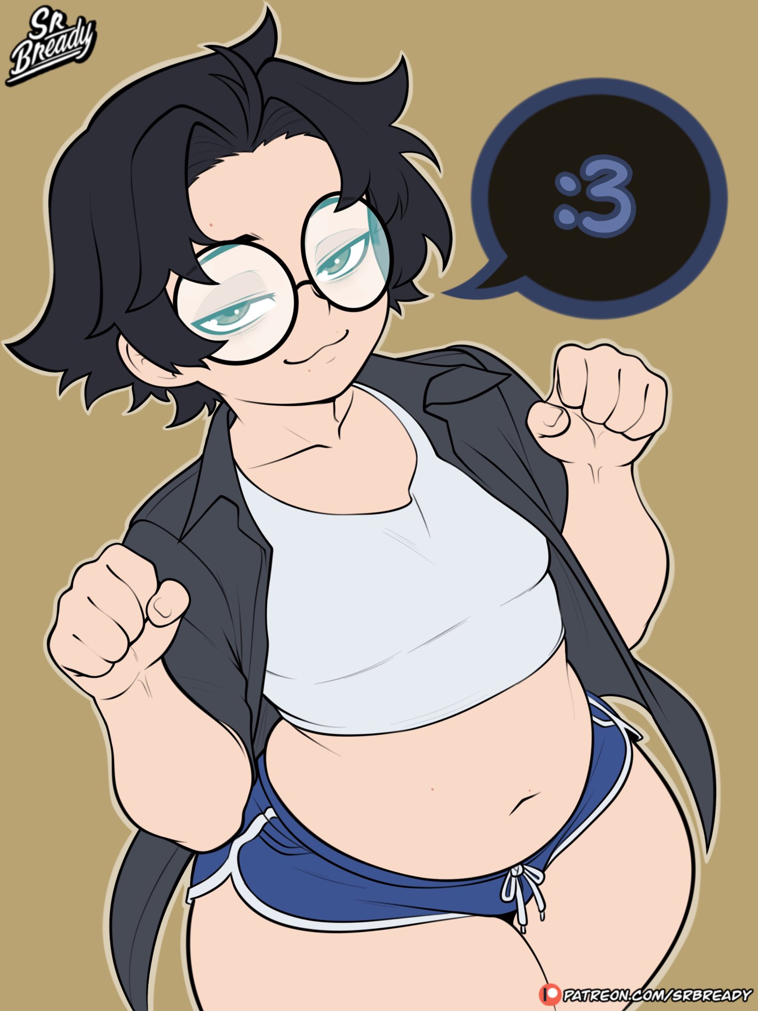 srbready, original, commentary, english commentary, highres, 1boy, :3, belly, black hair, black shirt, blue shorts, bready (srbready), brown background, brown eyes, bulge, closed mouth, cowboy shot, crop top, dolphin shorts, glasses, half-closed eyes, hands up, looking at viewer, male focus, micro shorts, mole, mole above mouth, mole on forehead, mole on stomach, mole under mouth, multiple moles, navel, open clothes, open shirt, paw pose, plump, round eyewear, shirt, short hair, short sleeves, shorts, simple background, smile, solo, speech bubble, stomach, trap