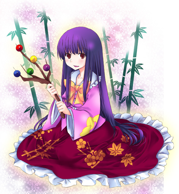 ogakuru, houraisan kaguya, touhou, 1girl, bamboo, bamboo forest, branch, female focus, forest, jeweled branch of hourai, long hair, nature, purple hair, red eyes, solo