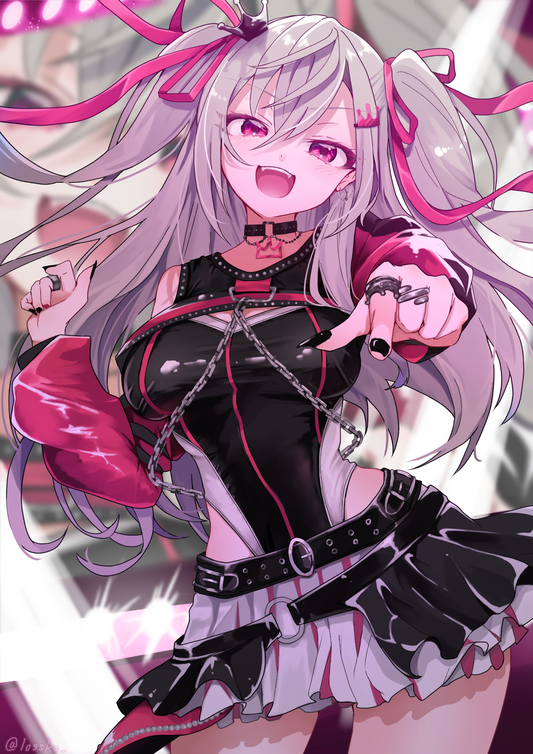 lossko, isaki riona, isaki riona (flowglow uniform), hololive, hololive dev is, absurdres, highres, 1girl, belt, black belt, black nails, breasts, crown, earrings, grey hair, jewelry, long hair, medium breasts, mini crown, miniskirt, pink eyes, pointing, pointing at viewer, ring, skirt, twitter username, two side up, virtual youtuber