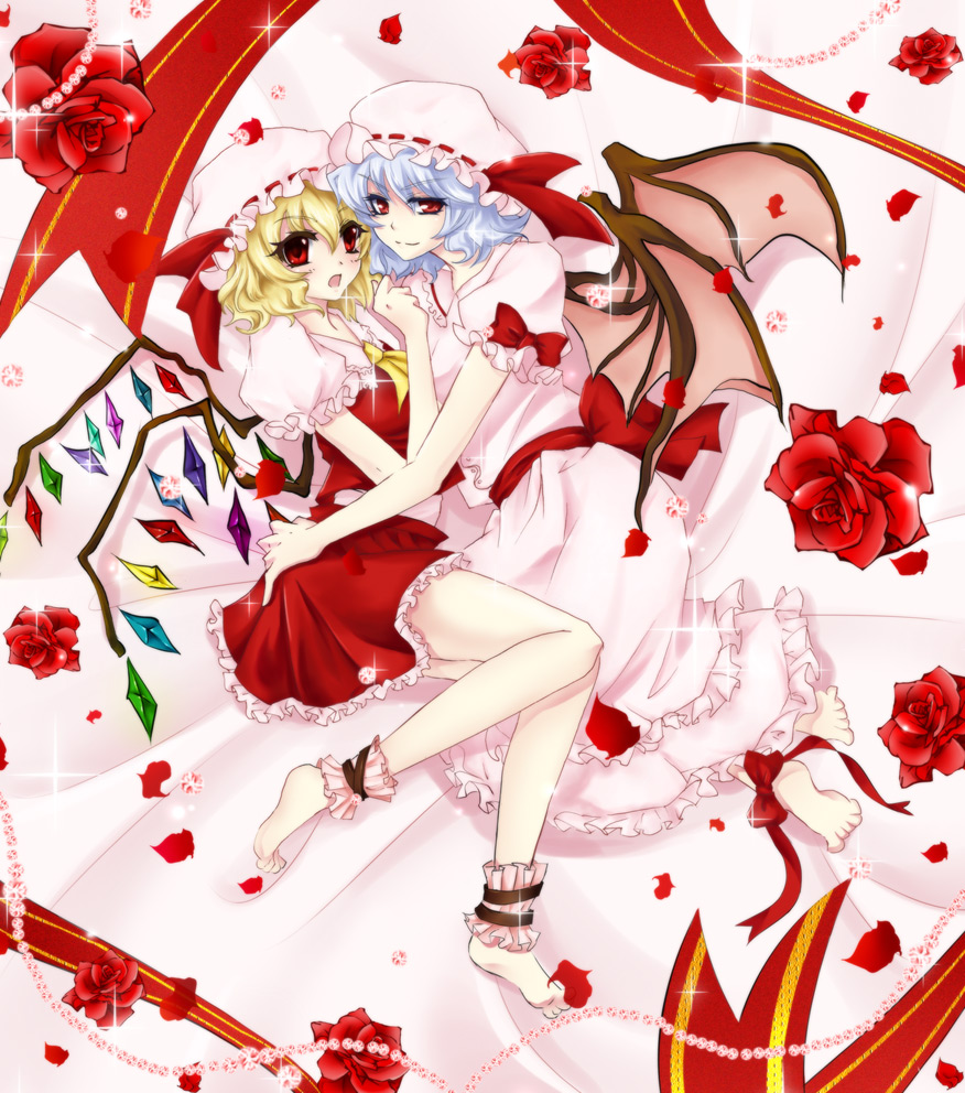 asm, flandre scarlet, remilia scarlet, touhou, bad id, bad pixiv id, 2girls, barefoot, bat wings, blonde hair, blue hair, feet, female focus, flower, hat, multiple girls, petals, red eyes, rose, rose petals, short hair, siblings, sisters, wings
