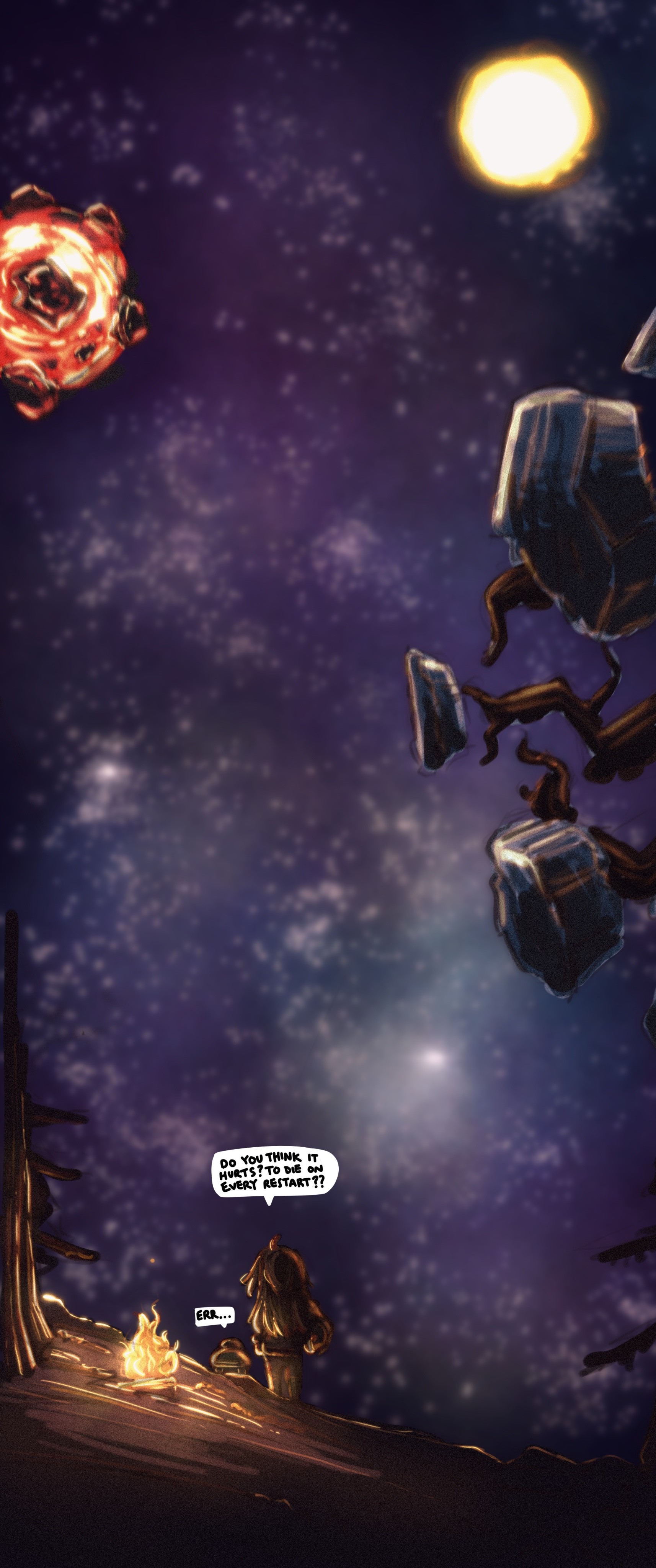 neuro-sama, vedal987, outer wilds, absurdres, highres, 1boy, 1girl, ahoge, brown hair, campfire, from behind, full body, long hair, miniskirt, night, night sky, nythlinvt, outdoors, robot, skirt, sky, speech bubble, star (sky), starry sky, turtle, two side up, vedal ai, vignetting, wide shot