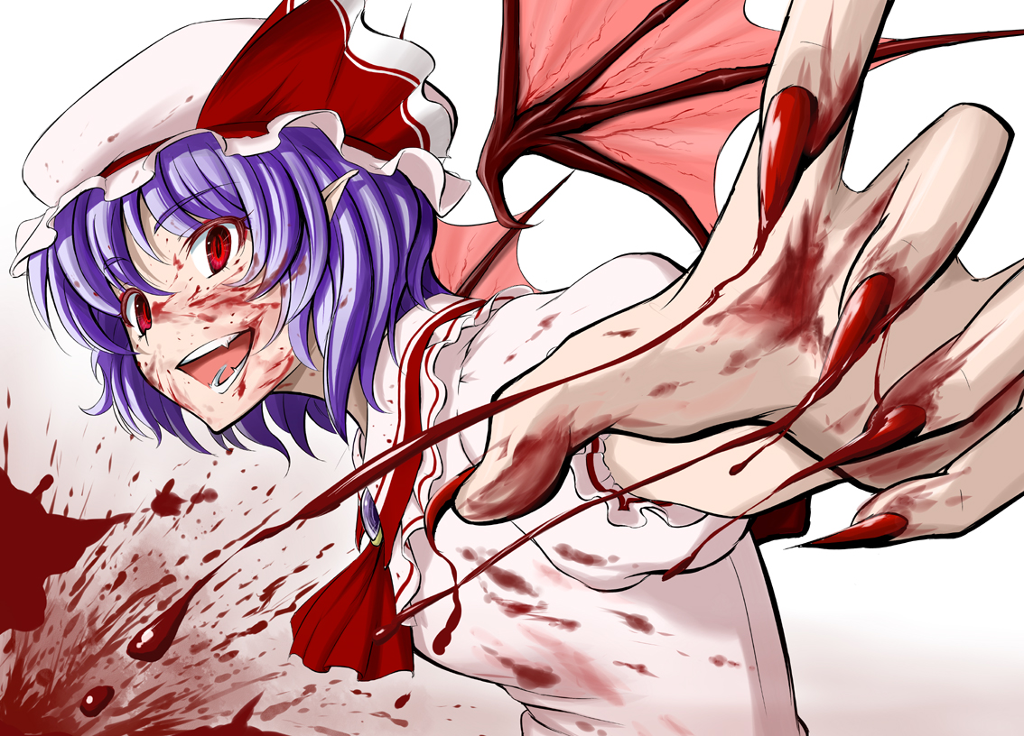 takebi, remilia scarlet, touhou, 1girl, blood, claws, fangs, female focus, hat, open mouth, pointy ears, purple hair, red eyes, smile, solo, stain, wings