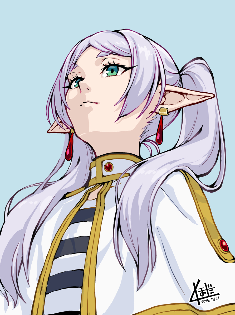 kubota masaki, frieren, sousou no frieren, commentary request, 1girl, blue background, capelet, closed mouth, earrings, elf, green eyes, grey hair, jewelry, long hair, looking ahead, meme, nose, parted bangs, pointy ears, shirt, simple background, solo, striped clothes, striped shirt, teardrop earrings, twintails, upper body, upward angle frieren drawing (meme), white capelet, white hair, white shirt