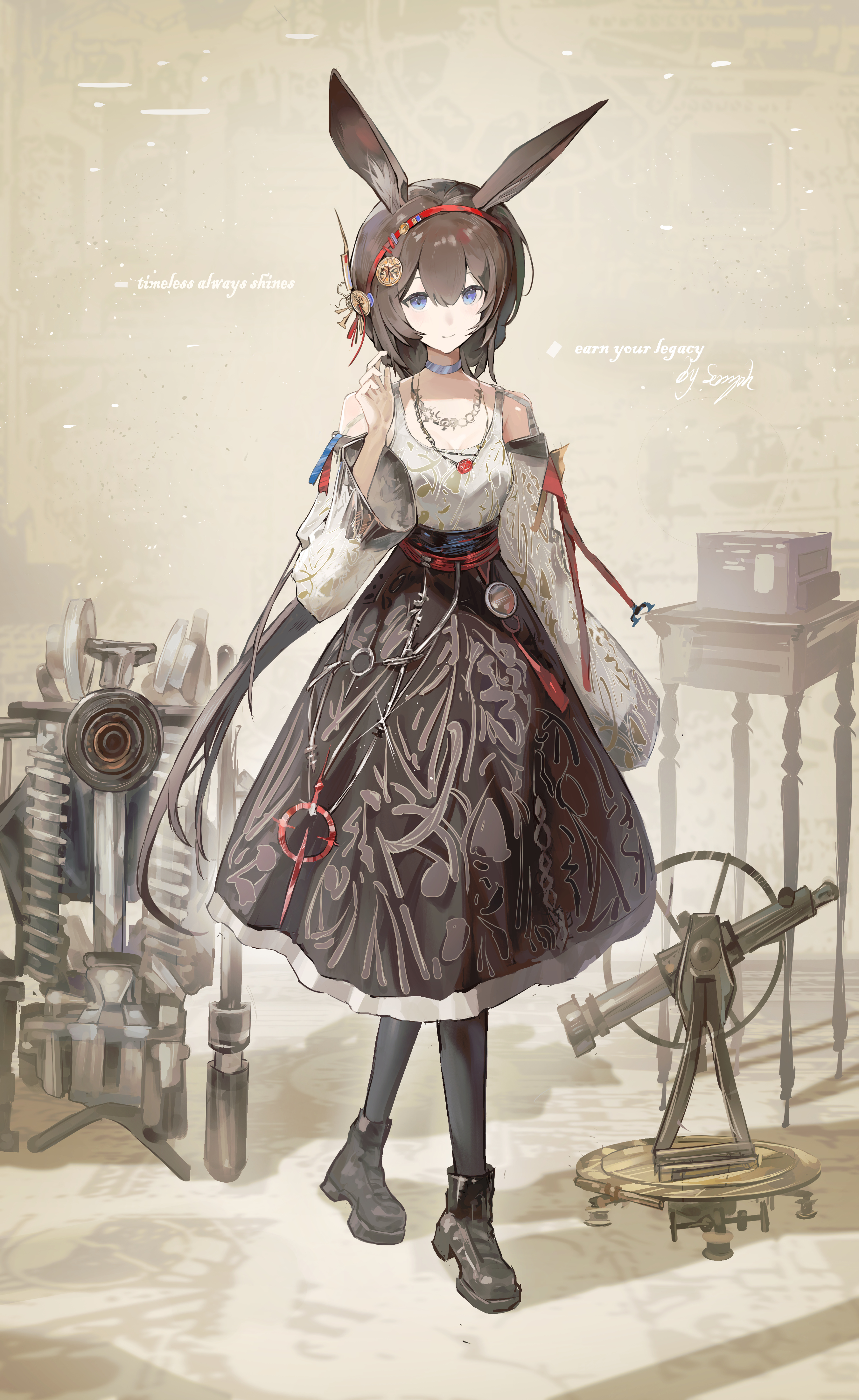 saraph se la, amiya (arknights), arknights, absurdres, commentary, english commentary, highres, 1girl, animal ears, black boots, black pantyhose, blue eyes, boots, brown hair, brown skirt, closed mouth, detached sleeves, full body, hair between eyes, hairband, high-waist skirt, jewelry, long hair, looking at viewer, low ponytail, necklace, pantyhose, ponytail, rabbit ears, rabbit girl, red hairband, shirt, skirt, smile, solo, white shirt, wide sleeves