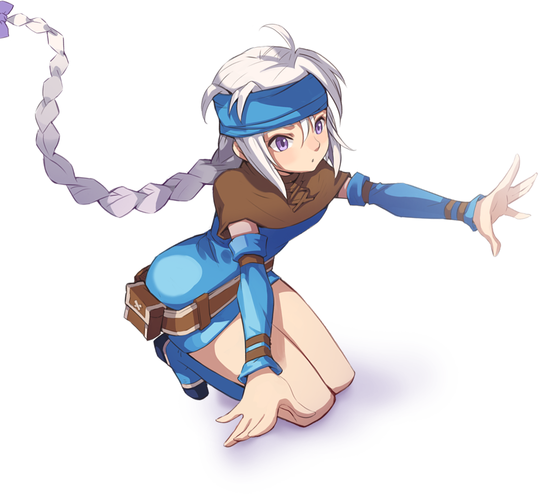 nayatrei, nexon, tales weaver, alpha transparency, artist request, official art, second-party source, 1girl, belt, belt pouch, blue boots, blue dress, blue headband, blue sleeves, blush, boots, bow, braid, braided ponytail, breasts, brown belt, brown capelet, capelet, cross-laced capelet, detached sleeves, dress, full body, grey hair, hair between eyes, hair bow, headband, knee boots, legs together, long hair, loose belt, low-braided long hair, low-tied long hair, medium breasts, open hands, open mouth, pouch, purple bow, purple eyes, short dress, simple background, single braid, sleeveless, sleeveless dress, transparent background, turtleneck, turtleneck capelet