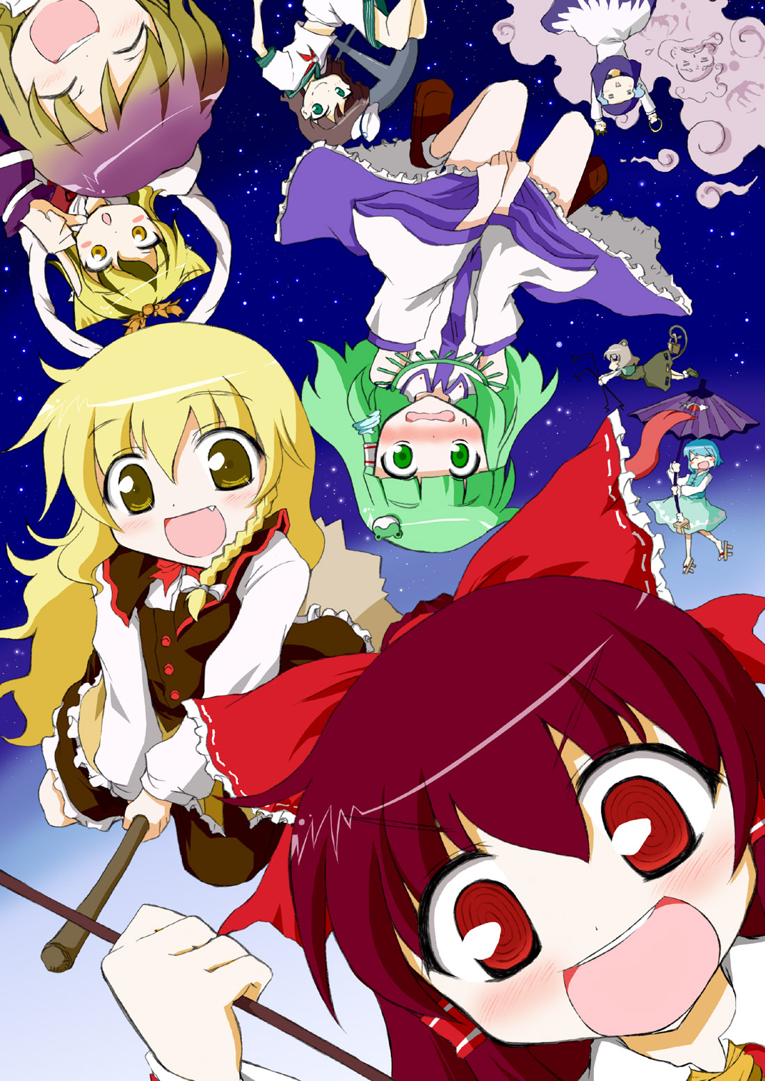 harunatsu akito, hakurei reimu, hijiri byakuren, kirisame marisa, kochiya sanae, kumoi ichirin, murasa minamitsu, nazrin, tatara kogasa, toramaru shou, unzan, touhou, undefined fantastic object, highres, 6+girls, anchor, animal ears, blonde hair, blue hair, braid, broom, brown hair, cloud, detached sleeves, frog, geta, gradient hair, green eyes, green hair, grey hair, hair ornament, hood, japanese clothes, karakasa obake, long hair, miko, mouse ears, mouse tail, multicolored hair, multiple girls, red eyes, short hair, snake, tail, umbrella, yellow eyes