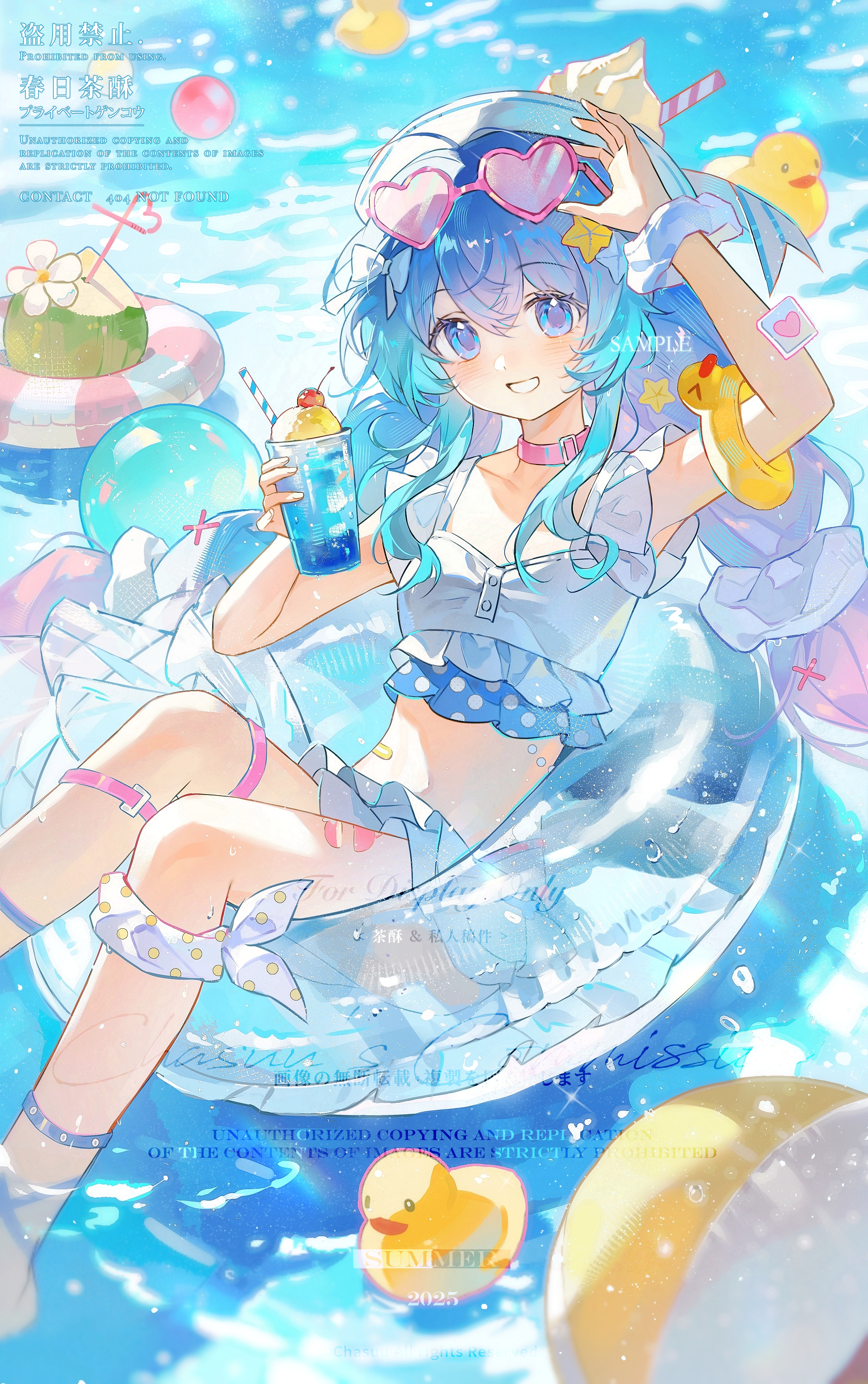 original, absurdres, highres, 1girl, arm up, bikini, blue eyes, blue hair, blush, cherry, cup, day, double-parted bangs, drinking straw, feet out of frame, food, fruit, grin, hair between eyes, hat, heart, heart-shaped eyewear, holding, holding cup, ice cream, ice cream float, innertube, long hair, looking at viewer, outdoors, polka dot, polka dot bikini, rubber duck, scrunchie, smile, solo, summer, sunglasses, swim ring, swimsuit, water, watermark, white bikini, white hat, wrist scrunchie, yi kuai cha suyou