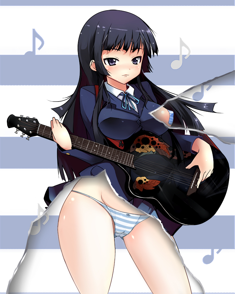 ippongui, akiyama mio, k-on!, bad id, bad pixiv id, 00s, 1girl, bandaid, bandaids on nipples, bass guitar, black eyes, black hair, blunt bangs, female focus, hime cut, instrument, left-handed, long hair, musical note, ovation guitar, page tear, panties, pasties, revealing layer, school uniform, solo, striped clothes, striped panties, underwear