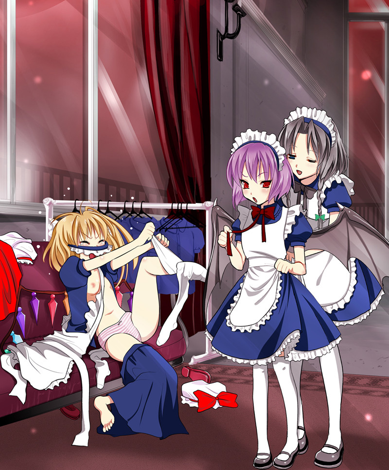 kojima saya, flandre scarlet, izayoi sakuya, remilia scarlet, touhou, silver hair, bad id, bad pixiv id, 3girls, bat wings, blonde hair, braid, dressing, female focus, hat, maid, multiple girls, ponytail, purple hair, red eyes, short hair, side ponytail, thighhighs, twin braids, wings