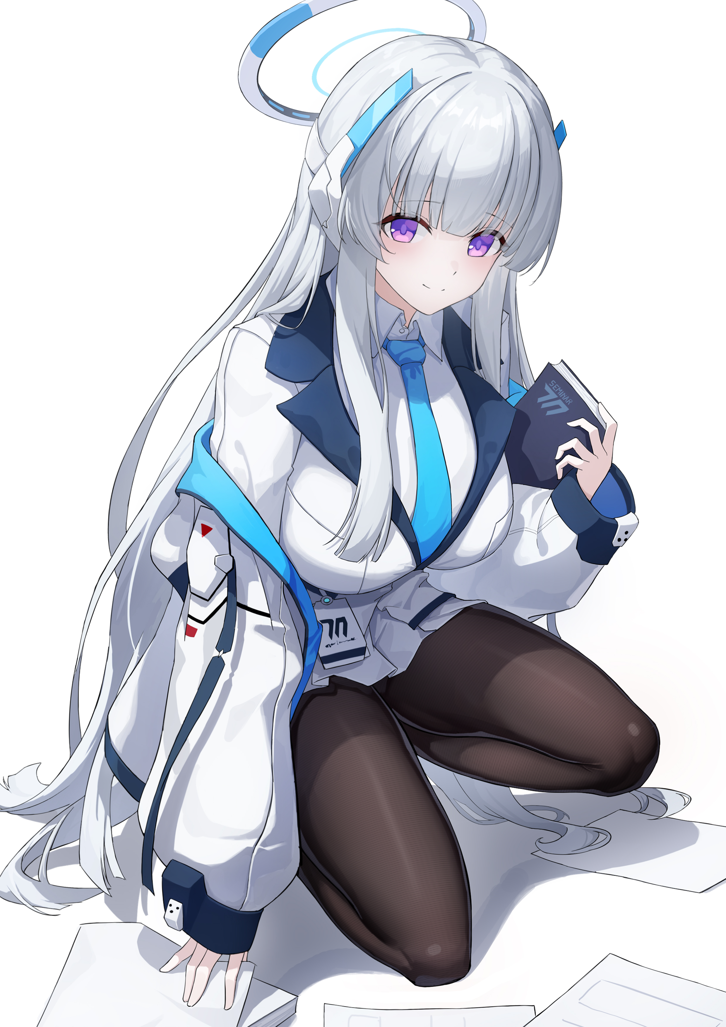 dai mao xuan yi, noa (blue archive), blue archive, absurdres, commentary request, highres, 1girl, black pantyhose, blue necktie, breasts, coat, halo, large breasts, long hair, looking at viewer, mechanical halo, necktie, pantyhose, paper, purple eyes, shirt, simple background, skirt, smile, solo, squatting, very long hair, white background, white coat, white hair, white shirt, white skirt