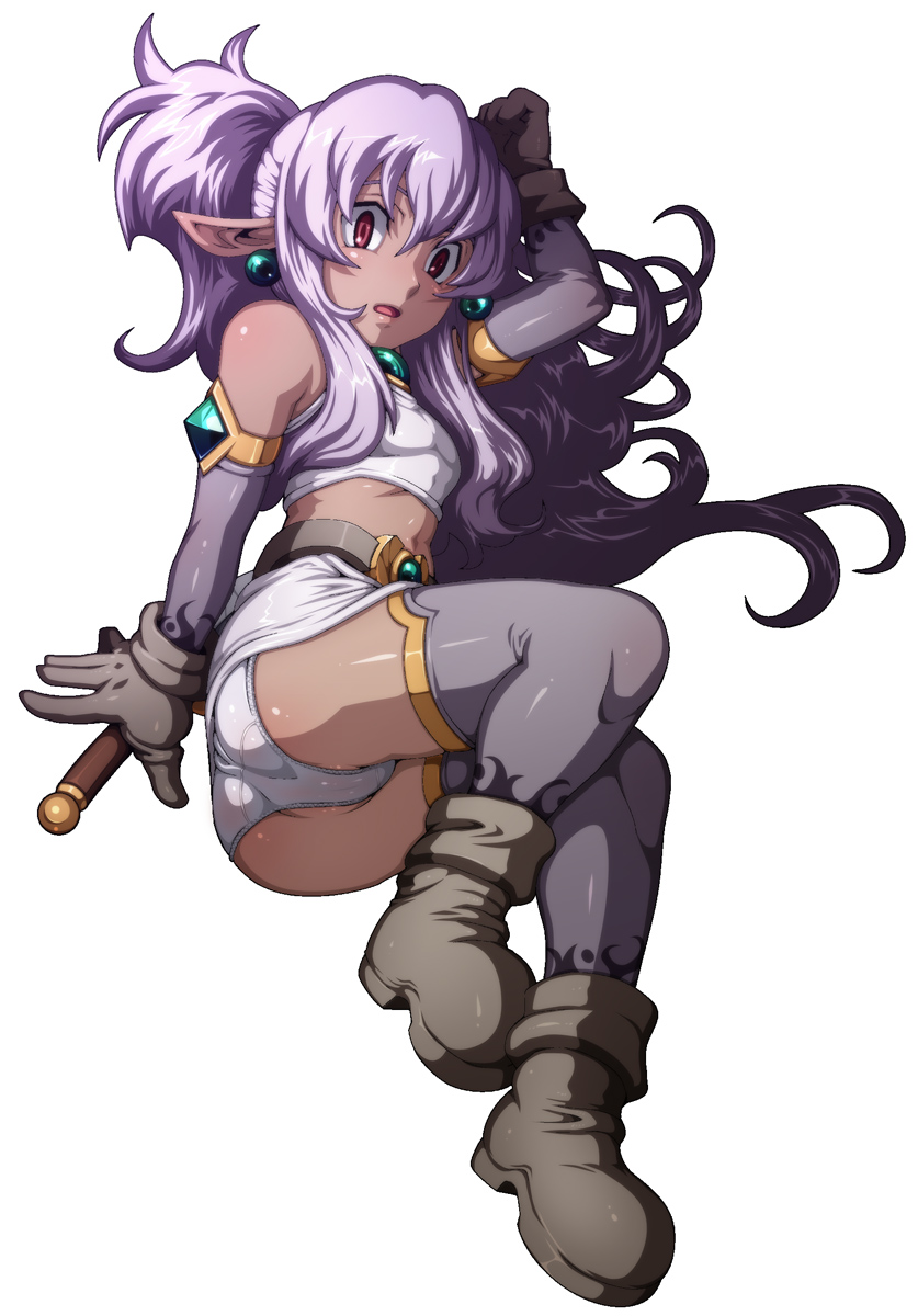 tabigarasu, original, the depths of the dungeon, highres, 1girl, armlet, boots, dark-skinned female, dark skin, earrings, elf, female focus, flat chest, gloves, jewelry, lying, midriff, on side, panties, pointy ears, purple hair, scared, simple background, solo, sword, thighhighs, underwear, weapon, white background