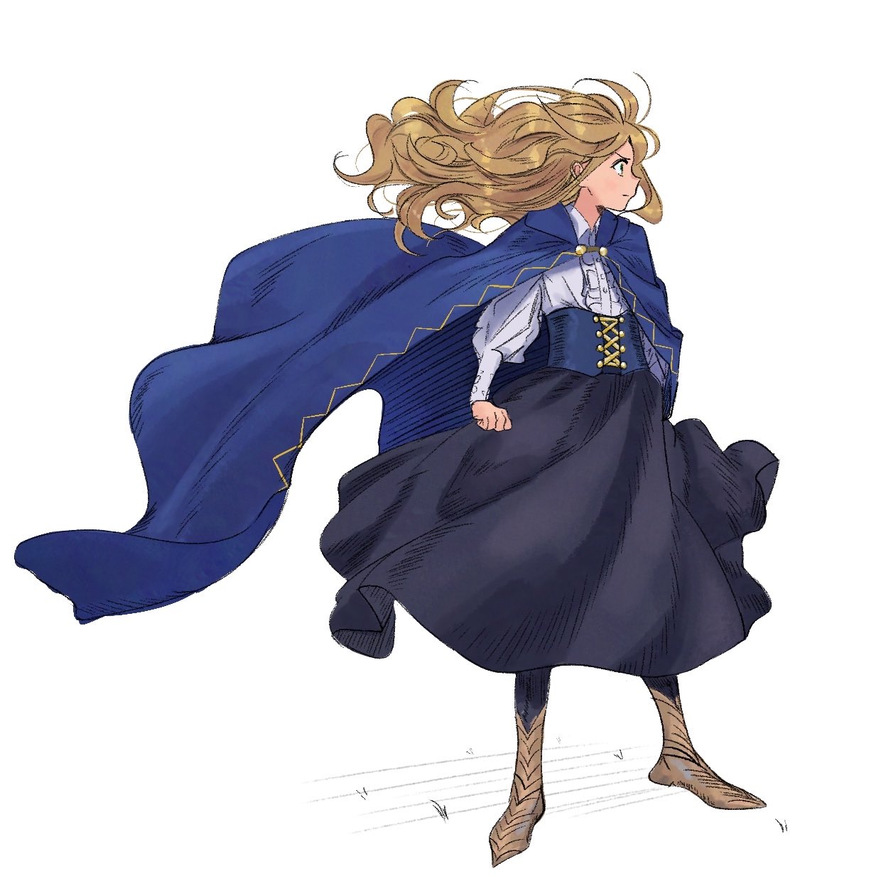speedoshi, original, commentary, english commentary, highres, 1girl, black skirt, blonde hair, blue cape, blue corset, boots, cape, clenched hand, corset, floating cape, floating hair, full body, long hair, looking to the side, profile, shirt, simple background, skirt, solo, standing, white background, white shirt