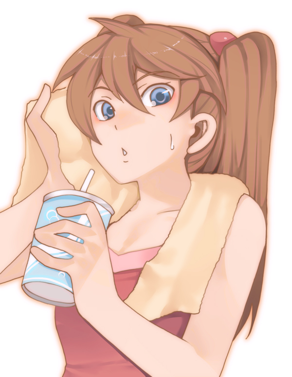 kosame daizu, souryuu asuka langley, neon genesis evangelion, rebuild of evangelion, bad id, bad pixiv id, 00s, 1girl, brown hair, drink, female focus, gradient background, solo, sweat, sweatdrop, towel, white background