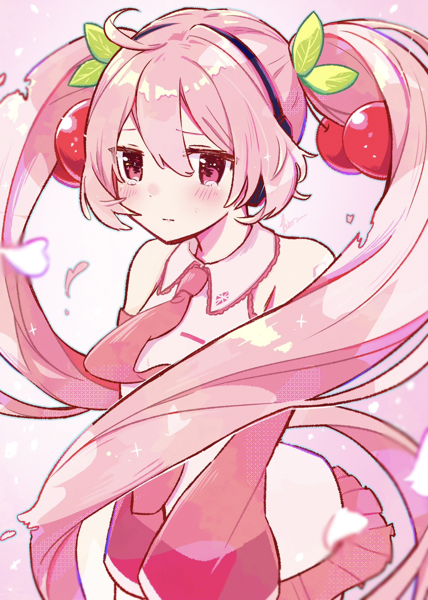 aoiyui, hatsune miku, sakura miku, vocaloid, commentary request, highres, 1girl, ahoge, blush, cherry hair ornament, closed mouth, collared shirt, falling petals, food-themed hair ornament, hair between eyes, hair ornament, long hair, looking at viewer, necktie, official alternate costume, petals, pink eyes, pink hair, pink necktie, pink skirt, pink sleeves, shirt, signature, skirt, sleeveless, sleeveless shirt, solo, tears, twintails, upper body, very long hair, white shirt