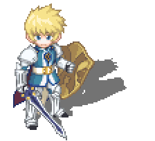 flynn scifo, bandai namco, nexon, tales of (series), tales of vesperia, tales weaver, animated, animated gif, artist request, looping animation, lowres, official art, second-party source, 1boy, armor, belt, belt buckle, blonde hair, blue cape, blue eyes, blue surcoat, buckle, cape, closed mouth, cuisses, full body, gauntlets, gold buckle, greaves, holding, holding shield, holding sword, holding weapon, knight, looking at viewer, male focus, pauldrons, pixel art, poleyn, shield, short hair, shoulder armor, silver armor, simple background, solo, sprite art, surcoat, sword, transparent background, two-sided cape, two-sided fabric, vambraces, weapon, white belt