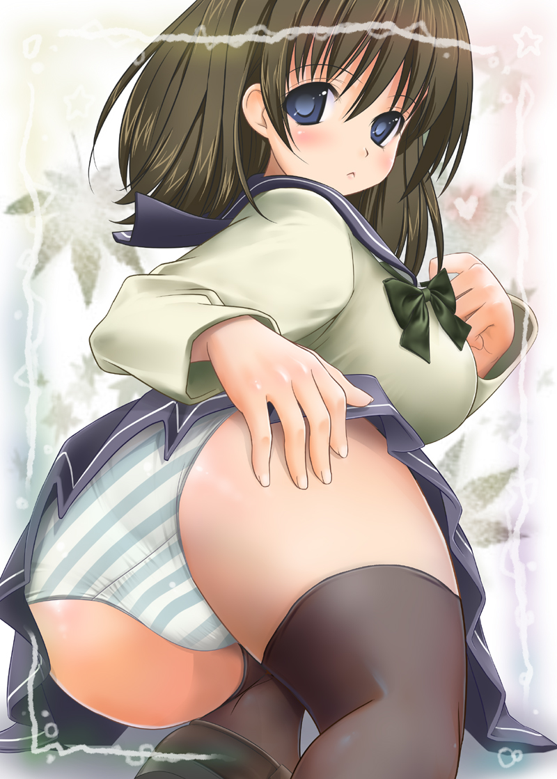 aitanikofu, original, 1girl, ass, breasts, female focus, long hair, looking back, panties, school uniform, solo, striped clothes, striped panties, thighhighs, underwear