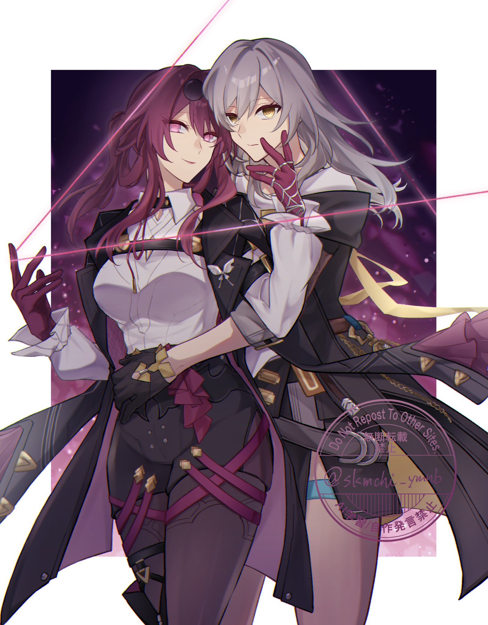 kafka (honkai: star rail), stelle (honkai: star rail), trailblazer (honkai: star rail), honkai: star rail, honkai (series), commentary request, highres, 2girls, black-framed eyewear, black gloves, black jacket, black shorts, black skirt, border, breasts, butterfly ornament, closed mouth, collared shirt, cowboy shot, eyewear on head, floating clothes, gloves, gradient background, grey hair, hair between eyes, hand around waist, hands up, high-waist shorts, jacket, jewelry, lapels, large breasts, long hair, long sleeves, looking at viewer, low ponytail, miniskirt, multiple girls, multiple rings, open clothes, open jacket, outside border, pantyhose, pink pupils, ponytail, puffy long sleeves, puffy sleeves, purple background, purple eyes, purple gloves, purple hair, purple pantyhose, ring, round eyewear, shirt, shorts, sidelocks, skirt, skmchi ymnb, smile, spider web print, standing, t-shirt, thigh strap, thighs, thread, two-sided fabric, two-sided jacket, watermark, white border, white shirt, yellow eyes, yellow jacket, yuri
