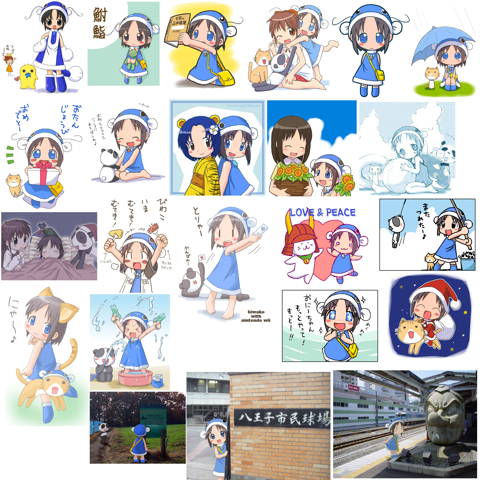 mika-shi, biwako, torahime, nintendo, highres, photo (medium), translation request, > <, :3, animal ears, animal hands, barefoot, blue eyes, blue hair, blush, cat, cat ears, cat tail, child, christmas, closed eyes, english text, fish, fishing, fishing rod, flag, flower, food, gift, happy, hat, heart, kneeling, panda, peeking out, playing, playing games, rain, riding, santa costume, sleeping, sunflower, tail, umbrella, water