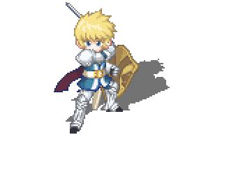 flynn scifo, bandai namco, nexon, tales of (series), tales of vesperia, tales weaver, animated, animated gif, artist request, lowres, official art, second-party source, 1boy, armor, attack, attack trail, belt, belt buckle, blonde hair, blue cape, blue eyes, blue surcoat, buckle, cape, closed mouth, cuisses, full body, gauntlets, gold buckle, greaves, holding, holding shield, holding sword, holding weapon, knight, male focus, open mouth, pauldrons, pixel art, poleyn, shield, short hair, shoulder armor, silver armor, simple background, solo, sprite art, surcoat, sword, transparent background, two-sided cape, two-sided fabric, vambraces, weapon, white belt